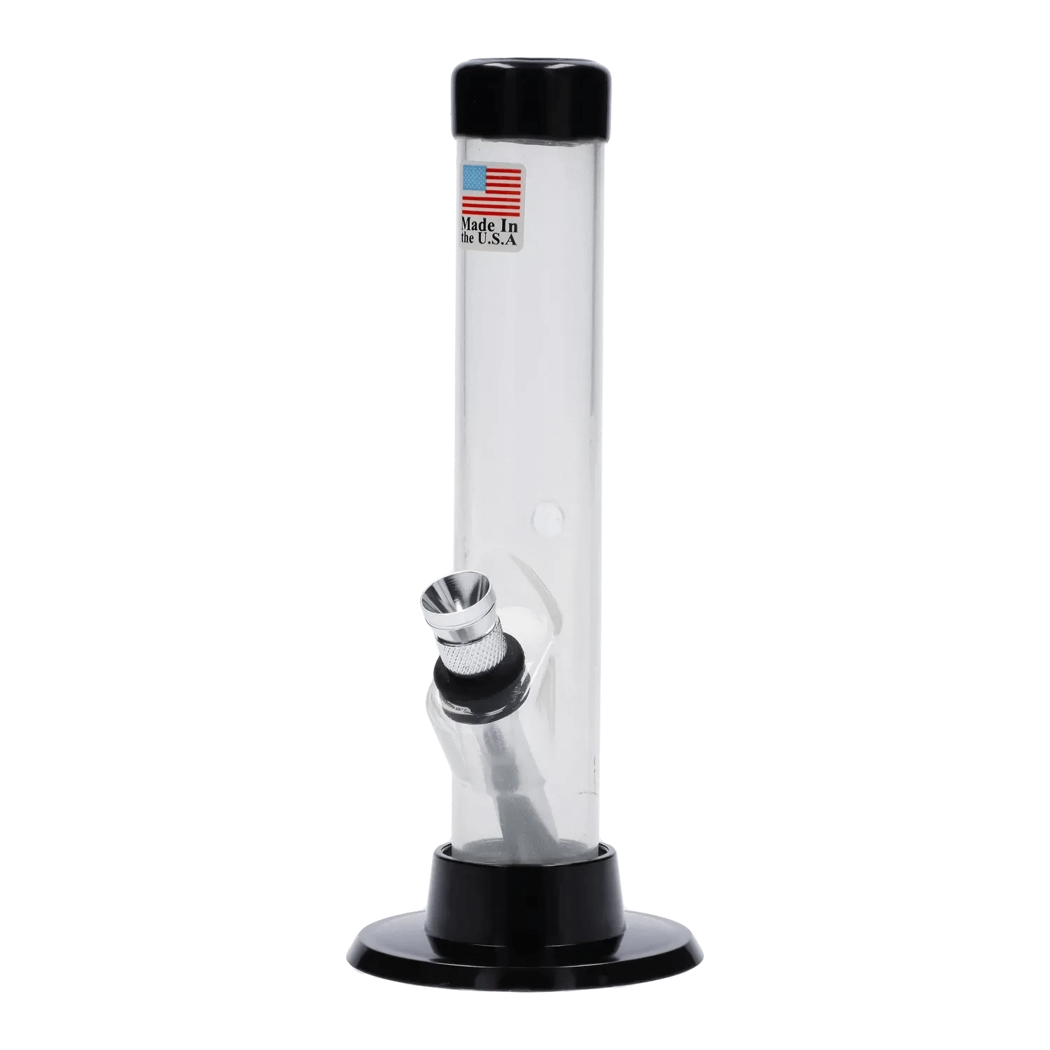 Straight-on view of the JM Plastics Mini Matching Straight Tube with Carb Hole Acrylic Bong showing its clear tube, black base, and angled metal bowl.