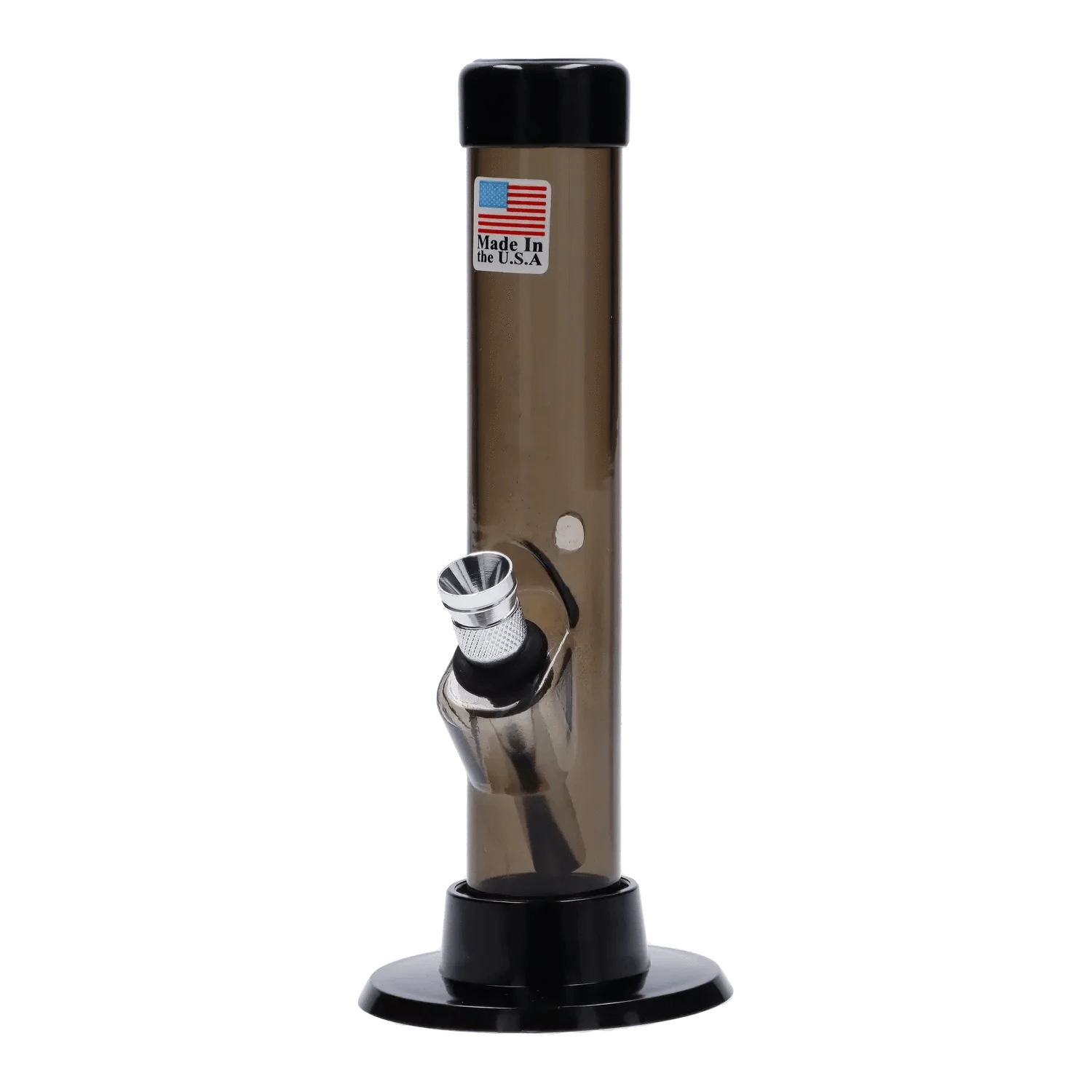 Vertical front view of the JM Plastics Mini Matching Straight Tube with Carb Hole Acrylic Bong - 6 in., shown in a clear smoky purple tint against a white background with its metal bowl angled forward.