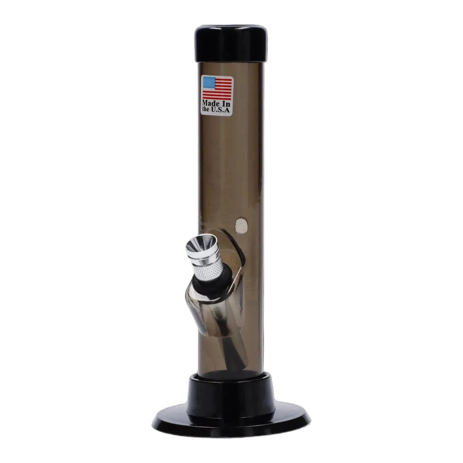 Straight-on view of the JM Plastics Mini Matching Straight Tube with Carb Hole Acrylic Bong - 6 in. in a smoky purple tint, standing on a black round base against a white background.