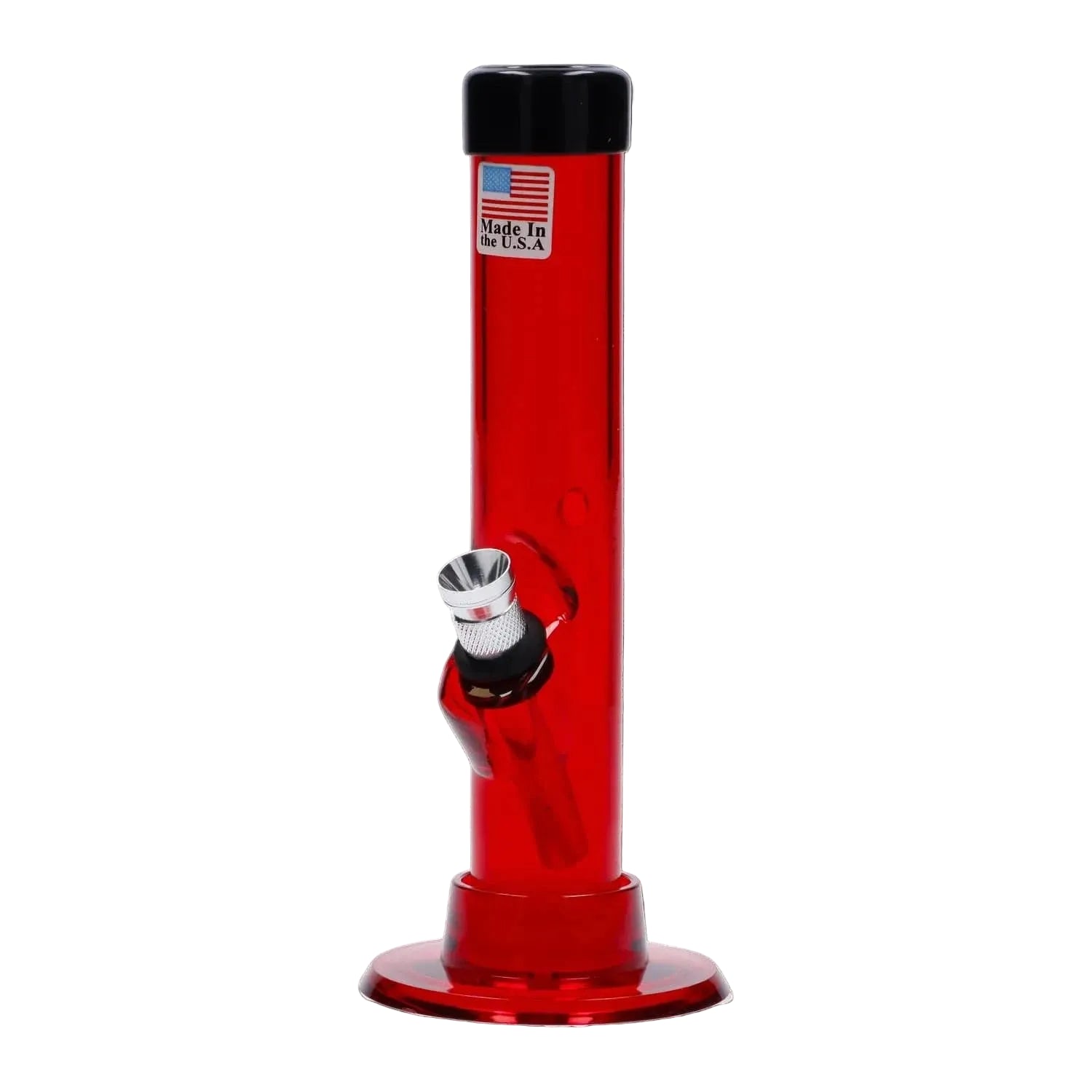 Front view of the clear JM Plastics Mini Matching Straight Tube with Carb Hole Acrylic Bong - 6 in. standing upright against a white background, showing its red-tinted straight tube, black top, metal bowl and base.