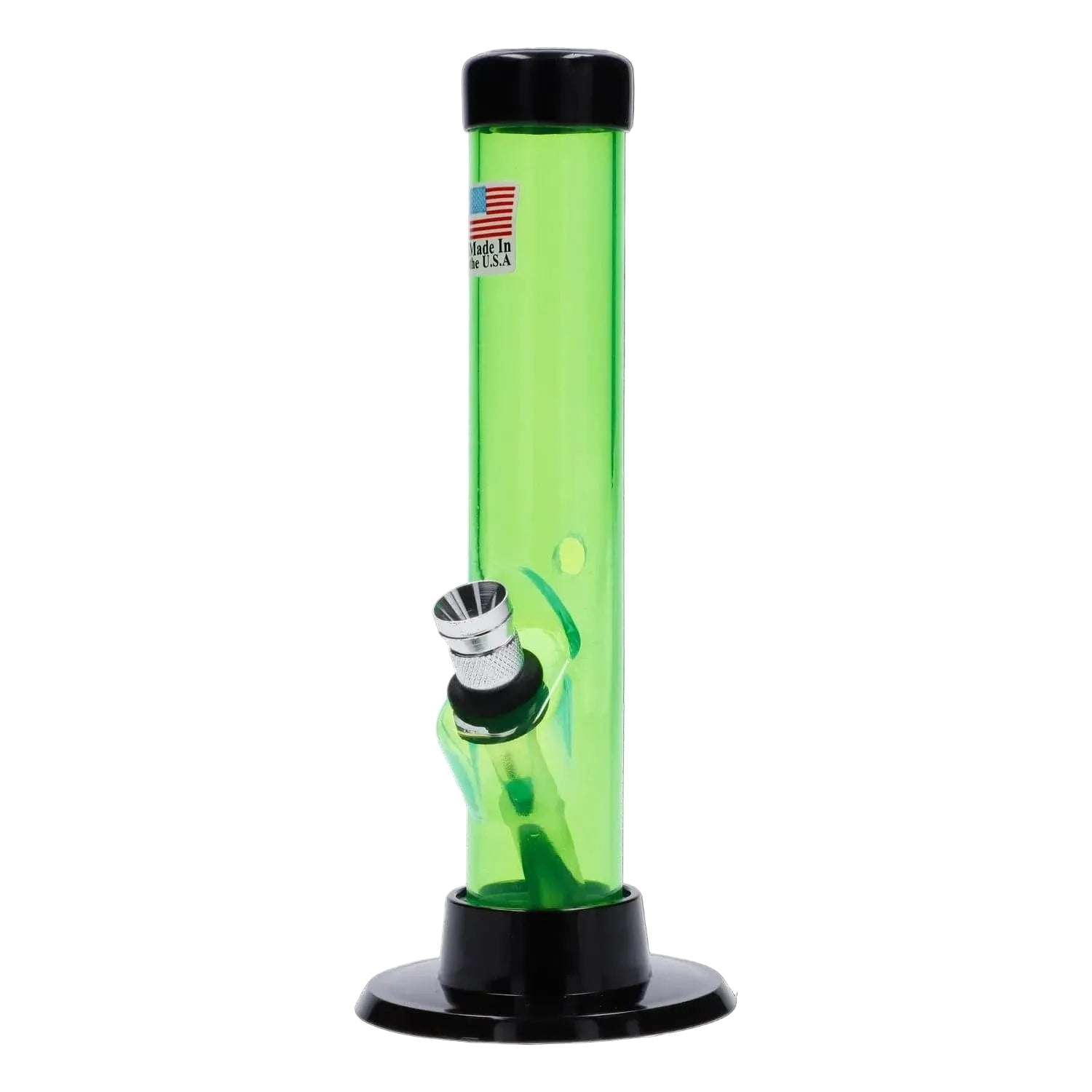 Straight-on view of the JM Plastics Mini Matching Straight Tube with Carb Hole Acrylic Bong - 6 in. in translucent green with a black base and silver bowl.