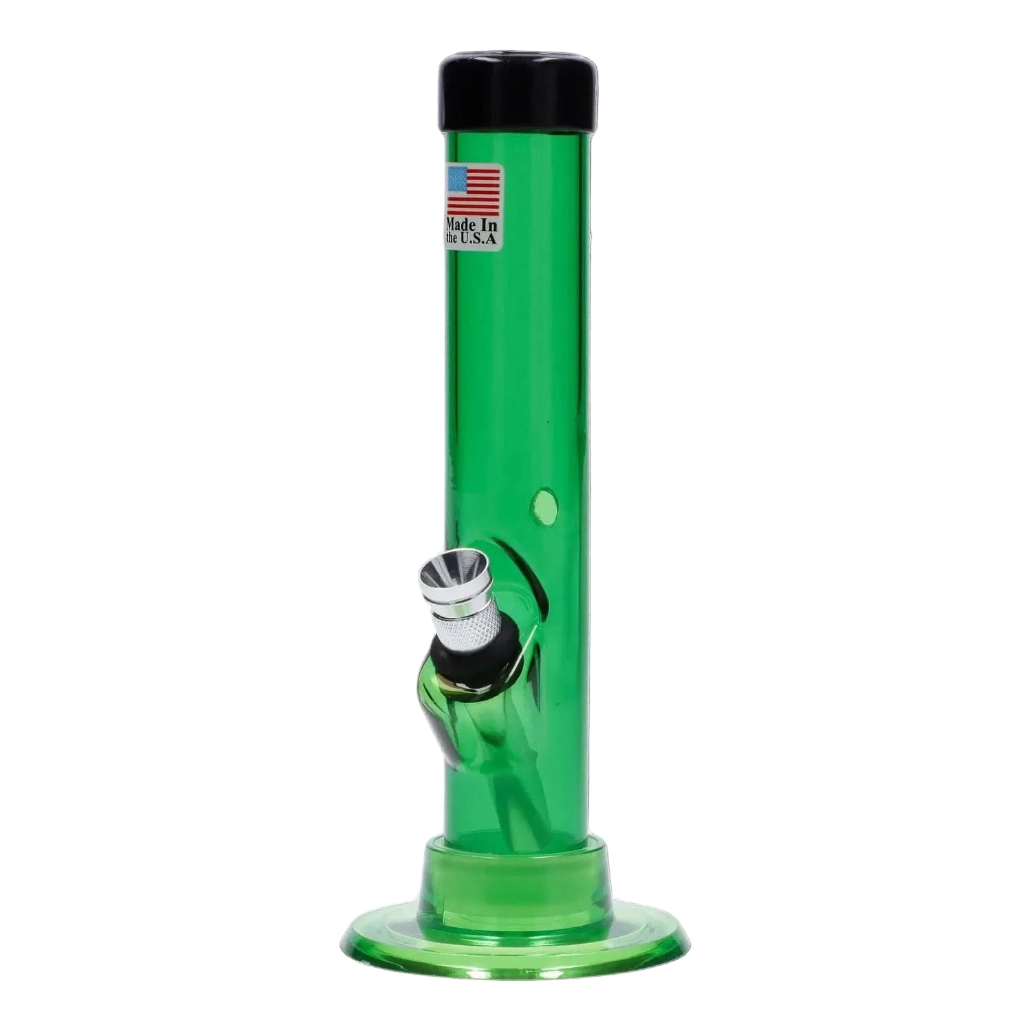 Straight-on view of a green JM Plastics Mini Matching Straight Tube with Carb Hole Acrylic Bong - 6 in., showing the top cap, side carb hole, angled metal bowl, and round base against a white background.