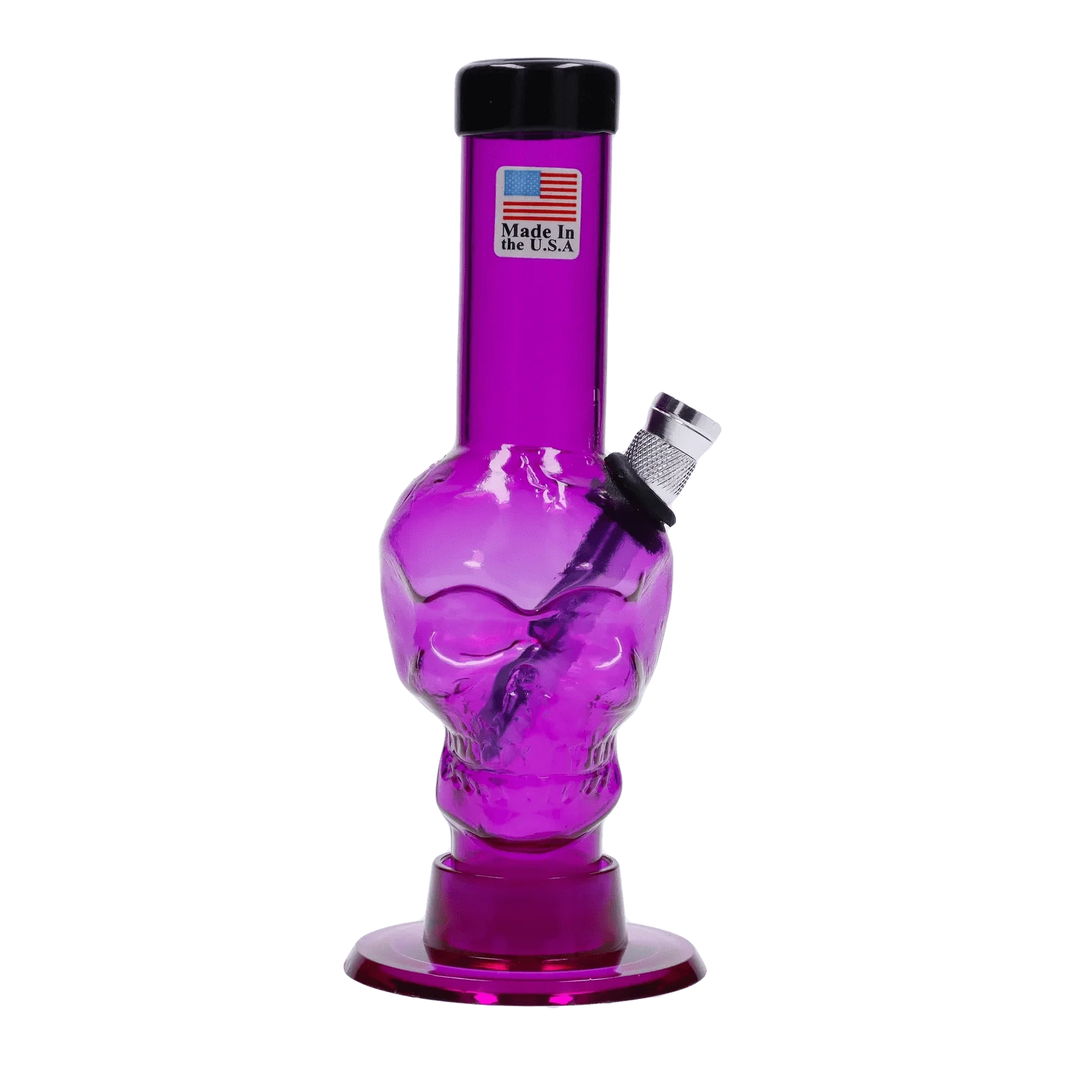Front view of the JM Plastics Mini Skull Base Acrylic Bong - 6 in. in translucent purple with a skull-shaped midsection and angled metal bowl.