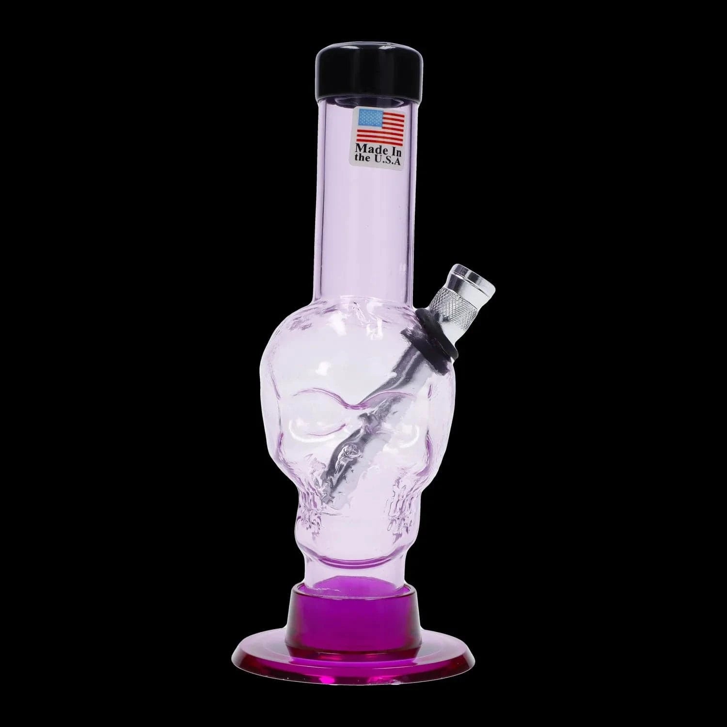 Close-up front view of the JM Plastics Mini Skull Base Acrylic Bong - 6 in. in a clear blue-tinted skull neck against a black background.