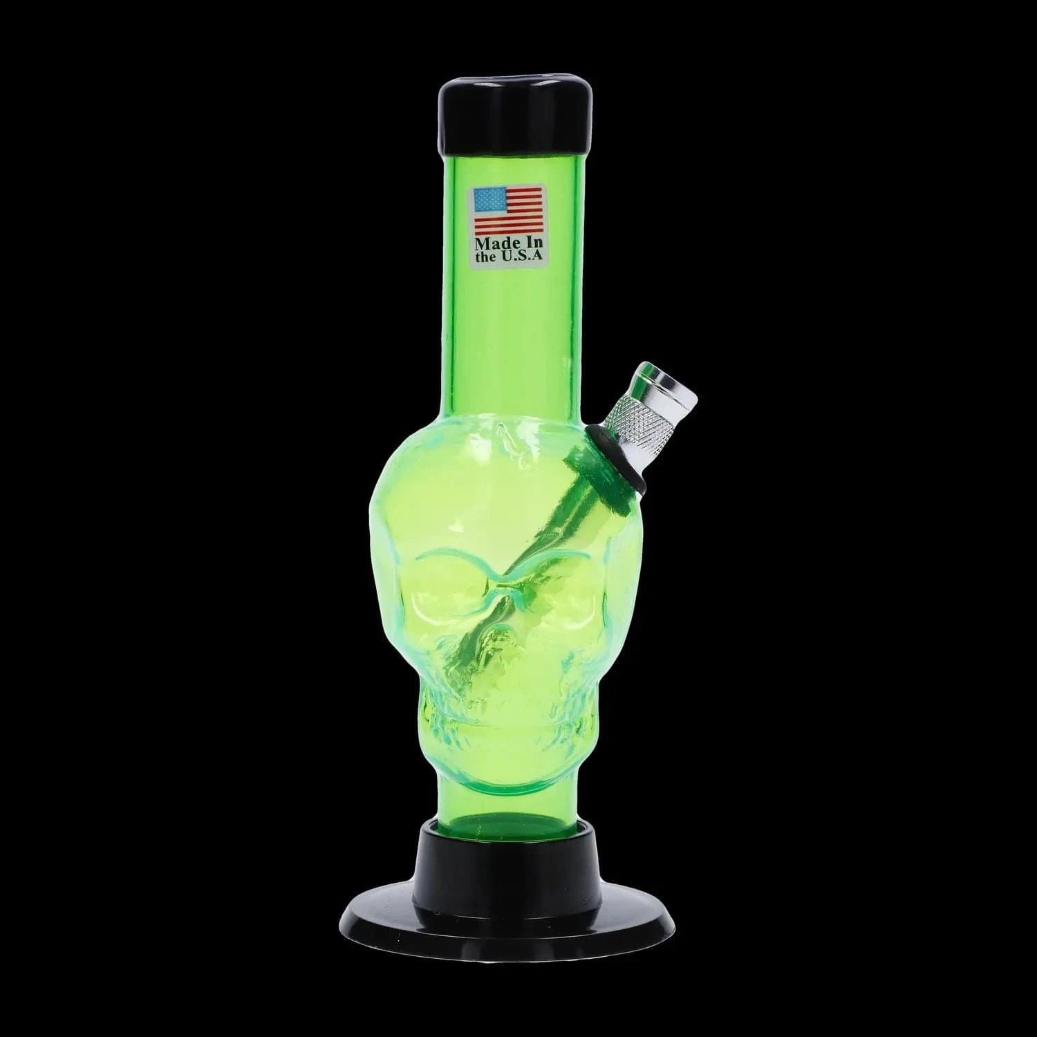 Front view of the JM Plastics Mini Skull Base Acrylic Bong - 6 in. in translucent neon green with a skull-shaped midsection and angled metal bowl against a black background