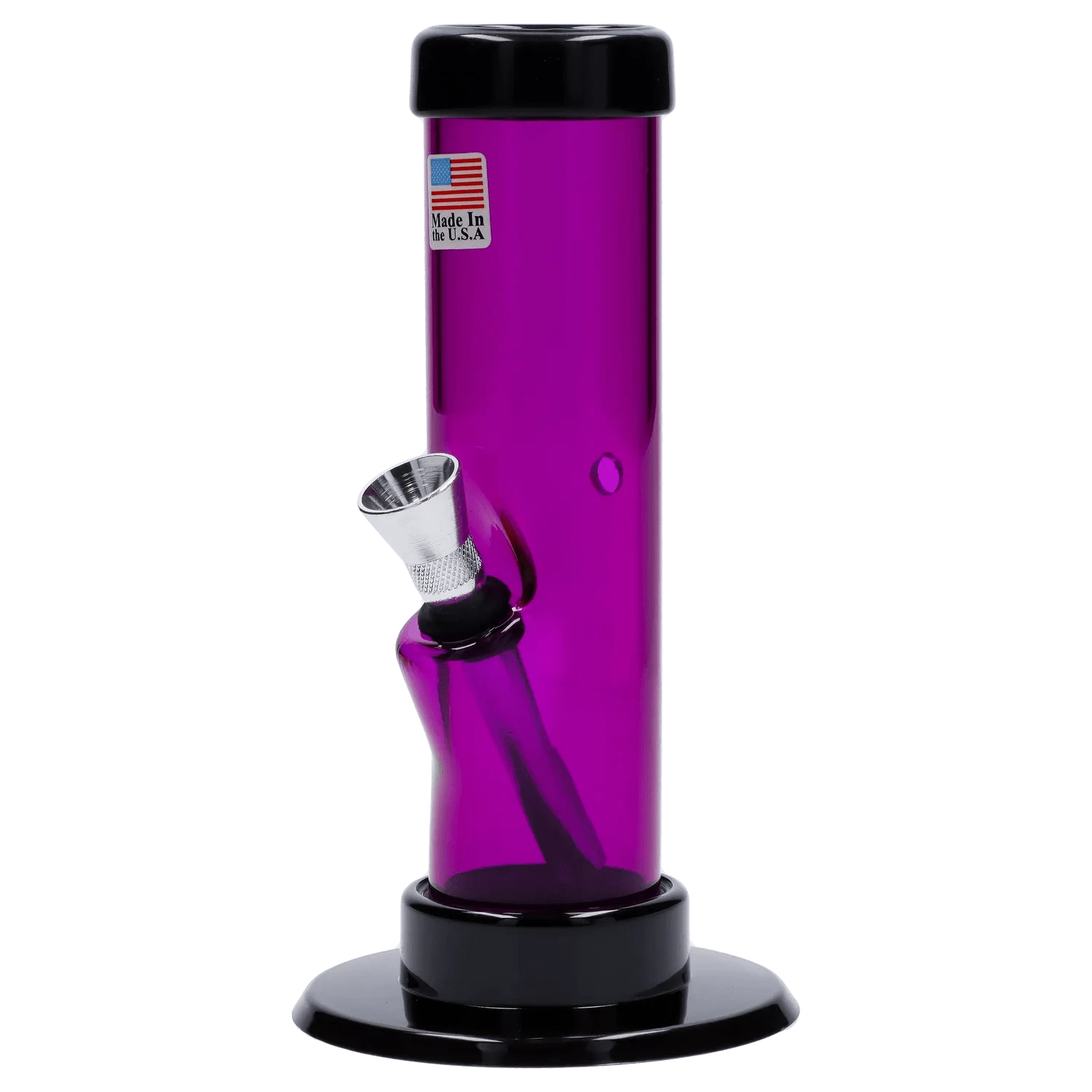 Close-up, front view of the purple Acrylic Bong 1.5 X 6" standing upright on a black circular base with its angled metal bowl visible.