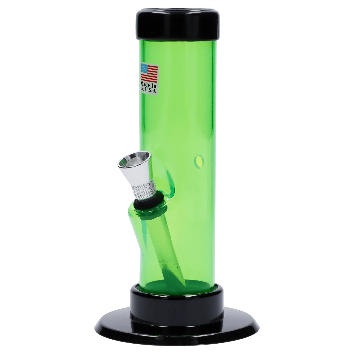 Close-up front view of the Acrylic Bong 1.5 X 6" showing its translucent green cylindrical tube, angled metal bowl and black base.