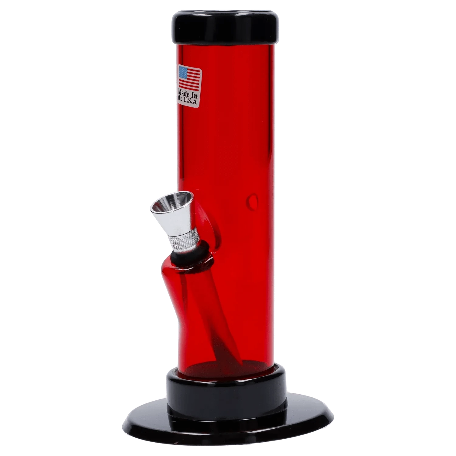 Tilted close-up of a red Acrylic Bong 1.5 X 6" showing its angled metal bowl, black rim and base, and a small "Made in the U.S.A" sticker