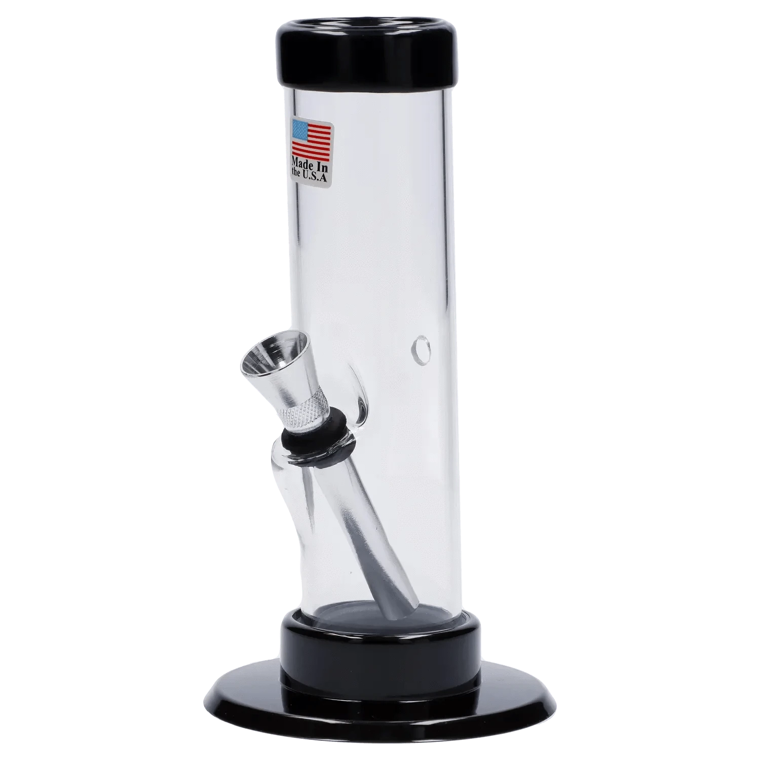 Front view of the Acrylic Bong 1.5 X 6" showing the clear cylindrical body with a black rimmed mouthpiece and base, angled metal bowl, and small American flag sticker