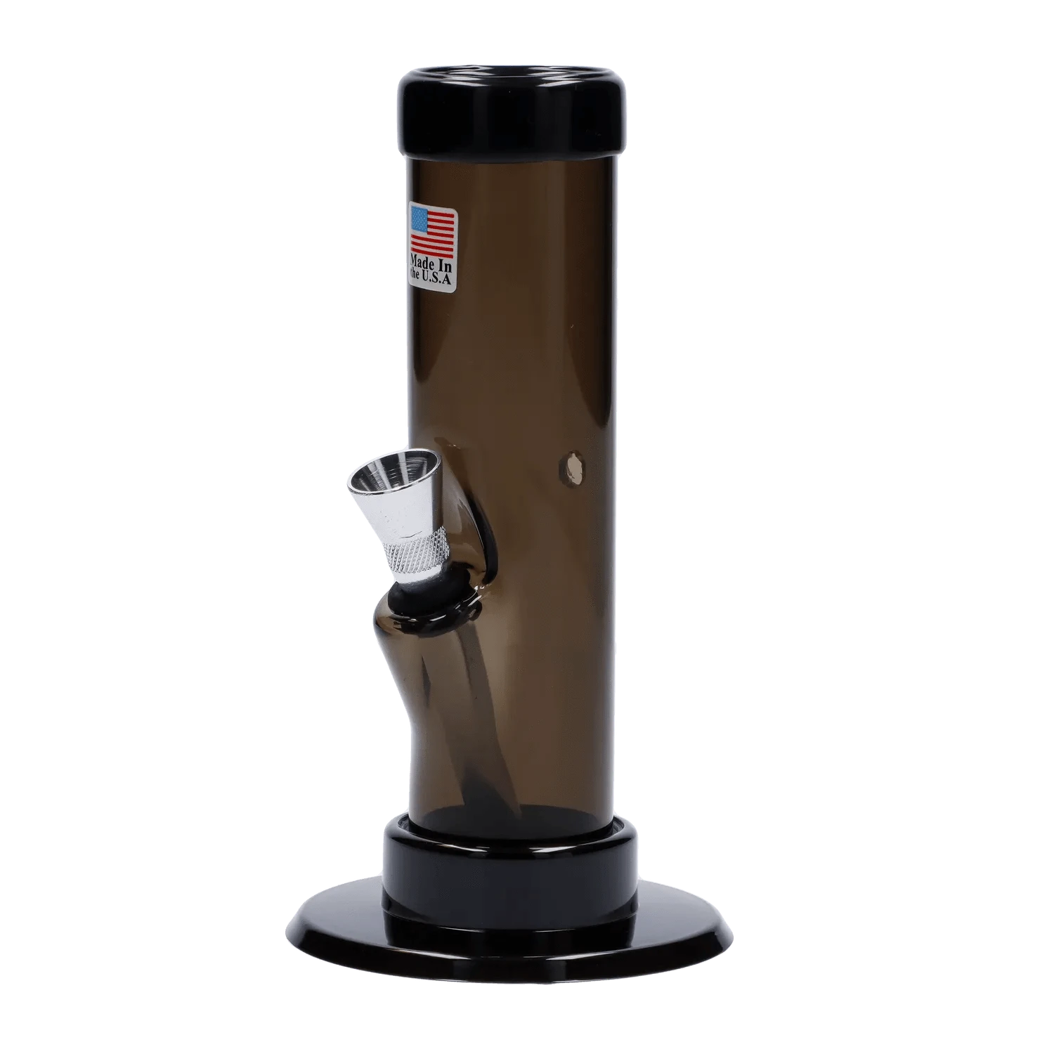 Front-facing view of the brown Acrylic Bong 1.5 X 6" showing its straight tube, angled metal bowl and glossy black base.