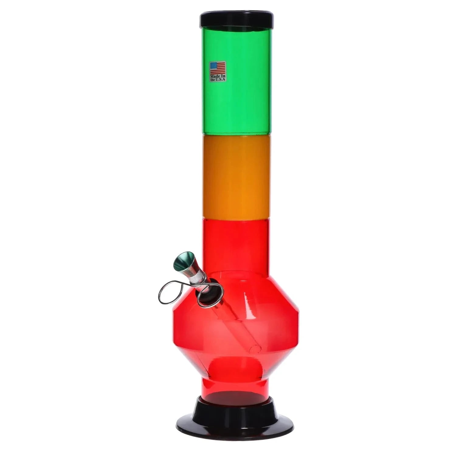Straight-on view of the JM Plastics Rasta Geometric with Pull Slide Acrylic Bong showing stacked green, yellow, and red sections.