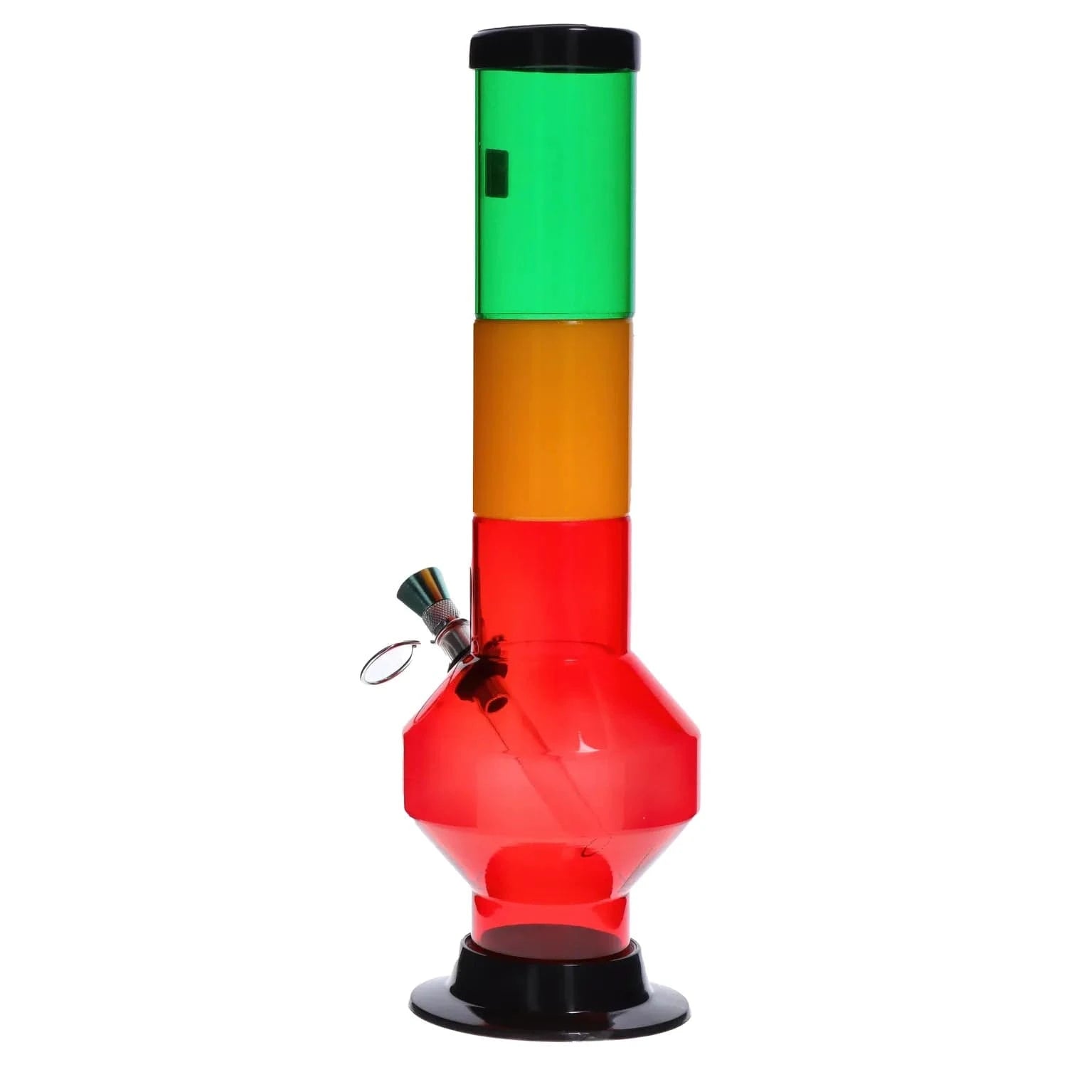 Straight-on view of the JM Plastics Rasta Geometric with Pull Slide Acrylic Bong showing stacked green, yellow, and red sections.