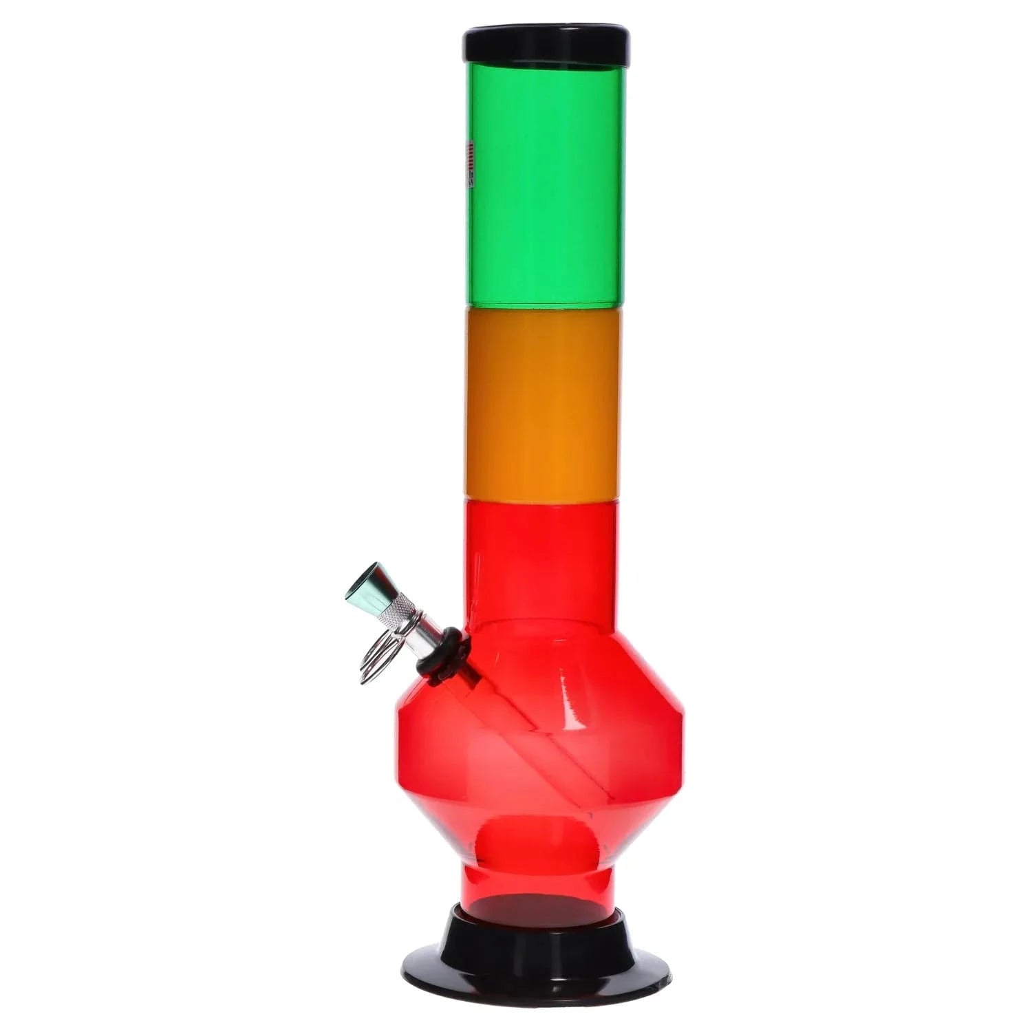 Centered front view of the JM Plastics Rasta Geometric with Pull Slide Acrylic Bong showing stacked green, yellow, and red sections.