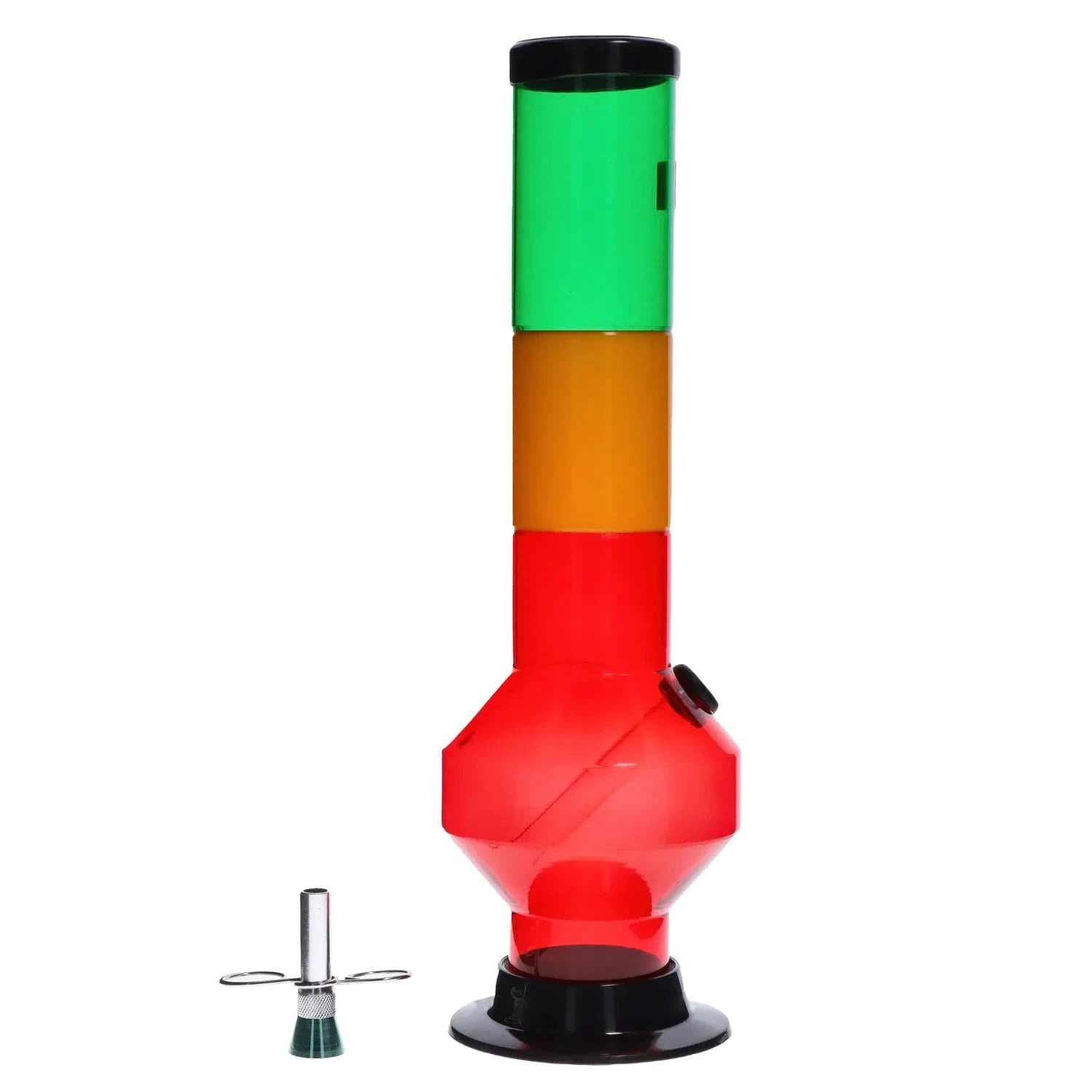 Centered frontal view of the colorful JM Plastics Rasta Geometric with Pull Slide Acrylic Bong showing stacked green, yellow and red cylindrical sections and a red faceted chamber on a white background.