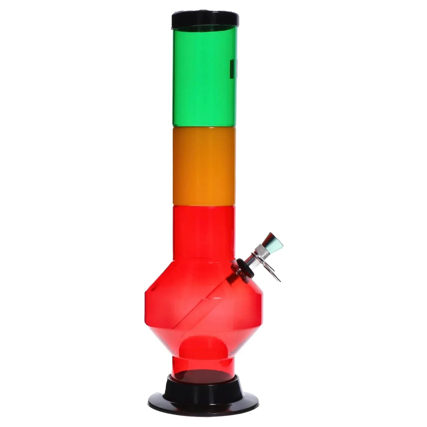 Portrait view of the JM Plastics Rasta Geometric with Pull Slide Acrylic Bong showing stacked green, yellow and red geometric sections and a chrome pull-slide bowl against a white background