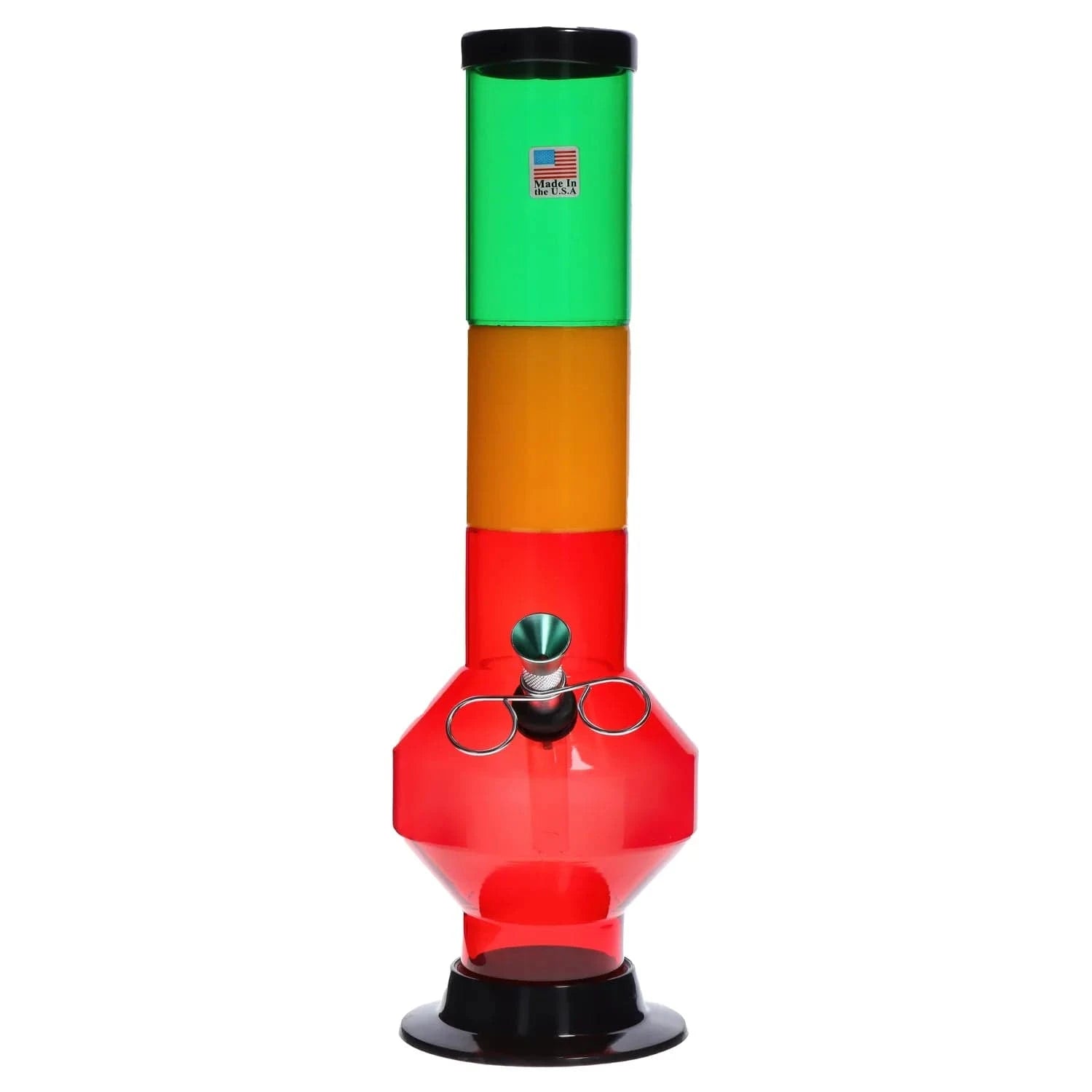 Centered front view of the JM Plastics Rasta Geometric with Pull Slide Acrylic Bong showing stacked green, yellow, and red translucent sections, metal slide and black base.
