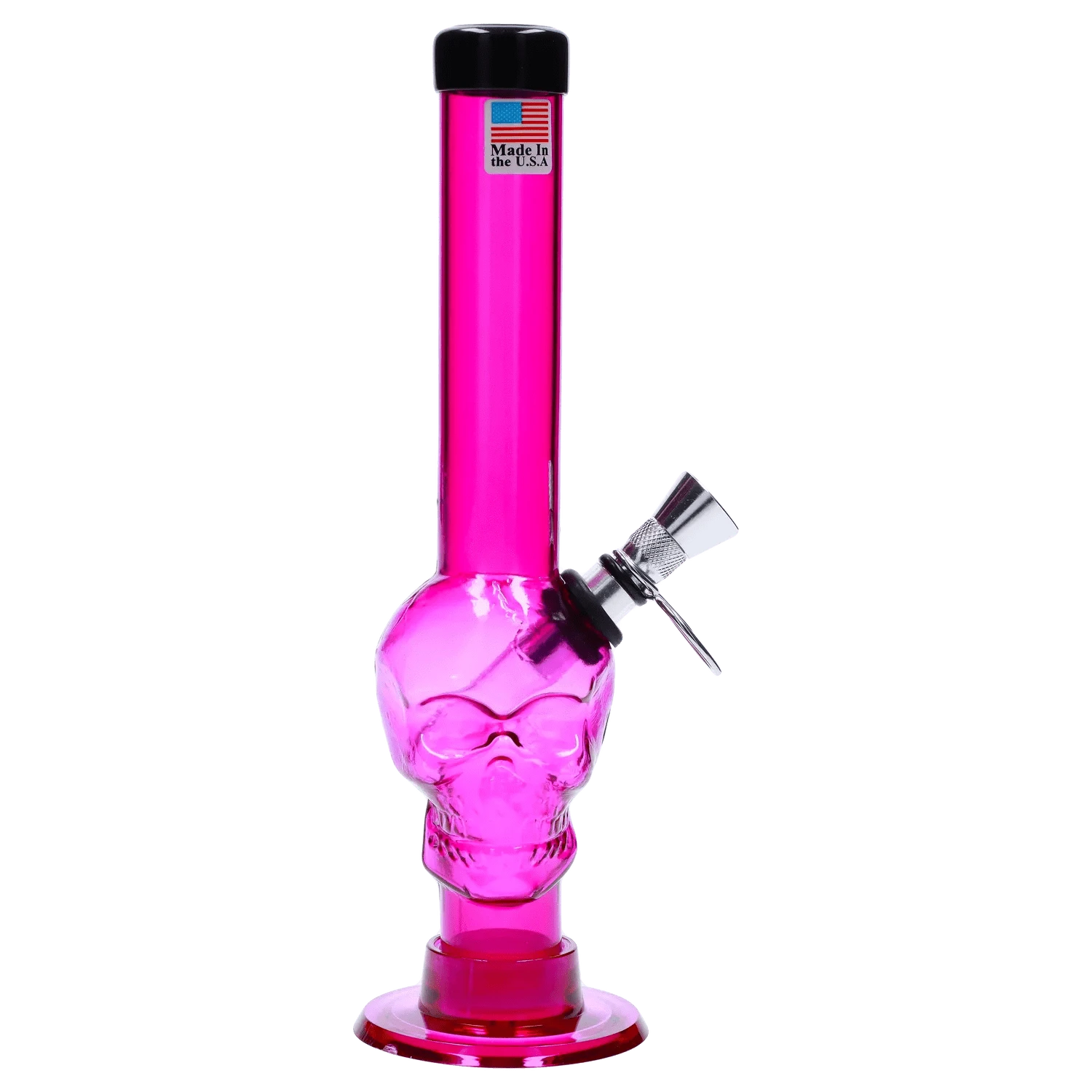 Front view of the JM Plastics Skull Base with Pull Slide Acrylic Bong - 8 in., showing a glossy translucent pink skull chamber and straight neck with a metal pull-slide bowl.