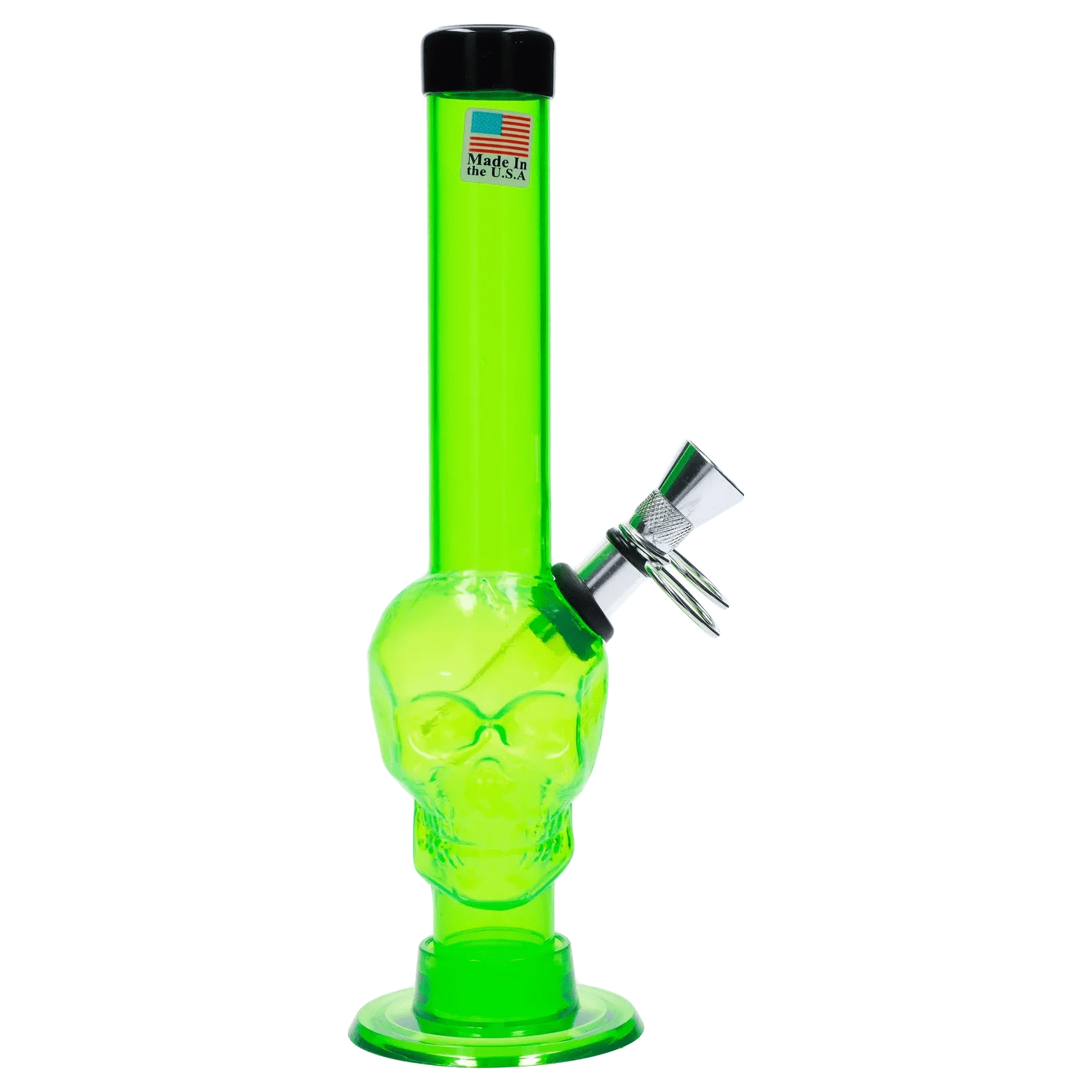 Vertical close-up of the Dark Green JM Plastics Skull Base with Pull Slide Acrylic Bong - 8 in., showing the skull-shaped midsection and angled metal pull slide.