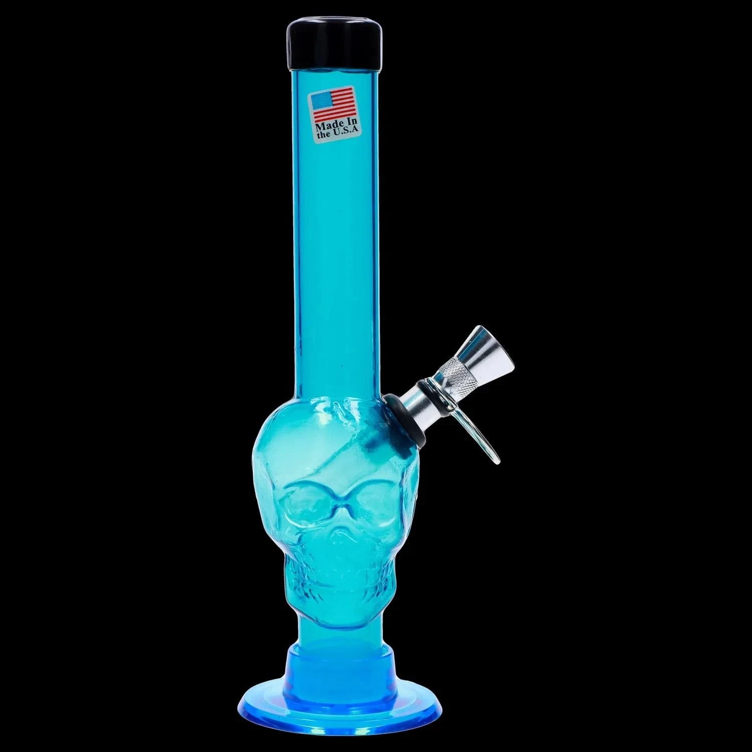 Straight-on view of the JM Plastics Skull Base with Pull Slide Acrylic Bong - 8 in. in translucent teal with a skull midsection and metal pull slide.