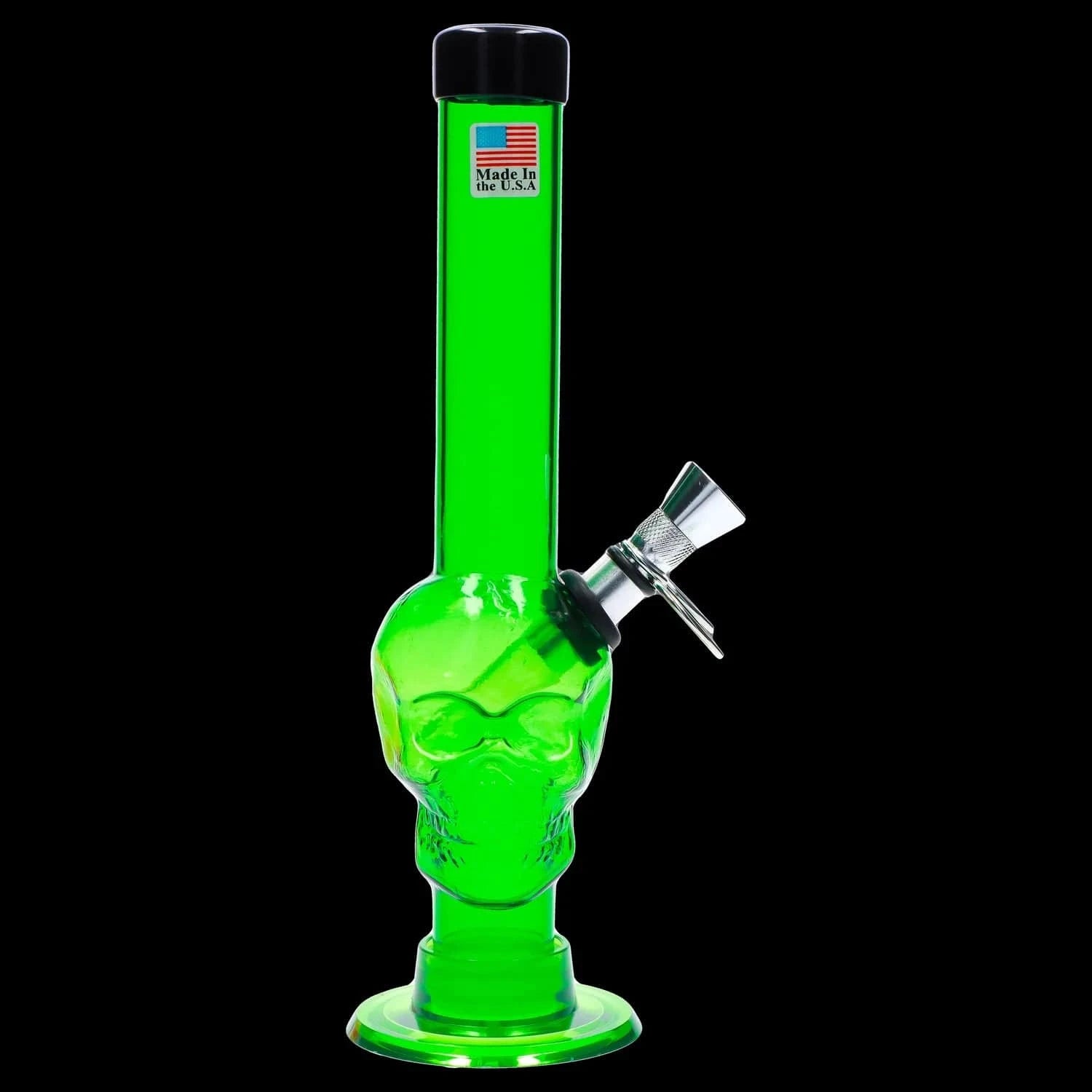 Close-up front view of the JM Plastics Skull Base with Pull Slide Acrylic Bong - 8 in., showing a bright green skull-shaped base, straight neck, and angled metal pull slide against a black background