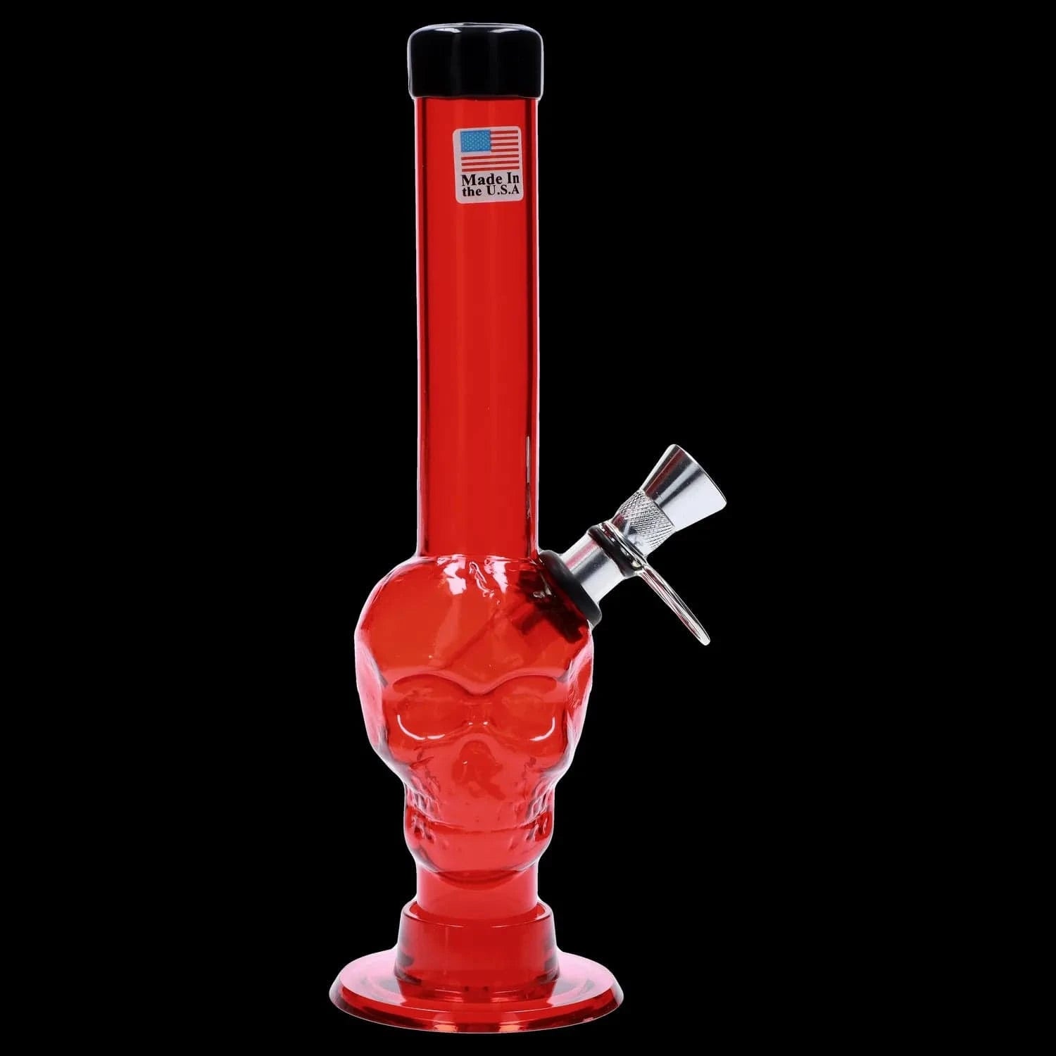 Front view of the red JM Plastics Skull Base with Pull Slide Acrylic Bong - 8 in., lit against a black background showing the skull-shaped base and angled metal slide.
