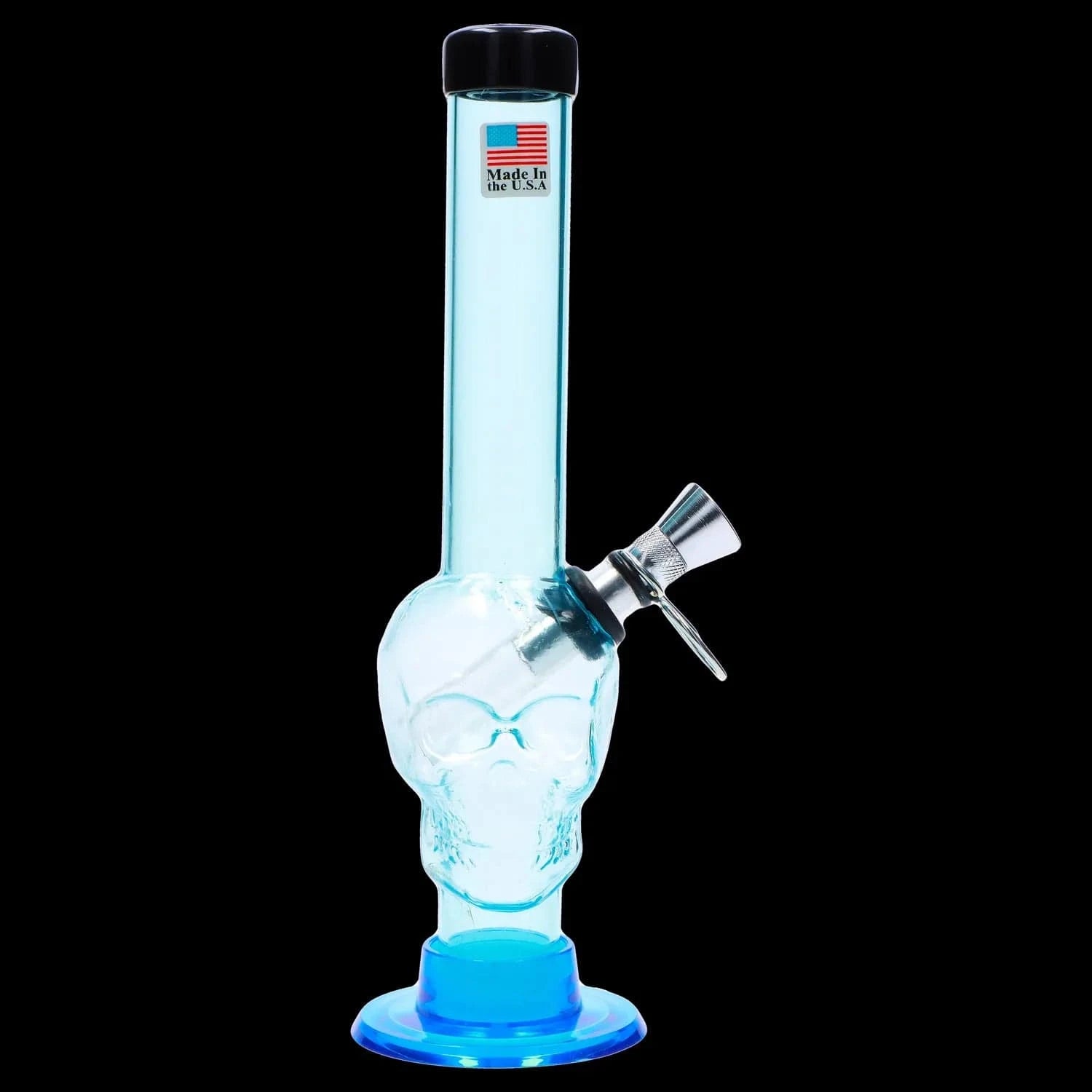 Straight-on view of a clear blue-tinted glass skull and tube displayed against black, the JM Plastics Skull Base with Pull Slide Acrylic Bong - 8 in. shown from the mid-body upward.