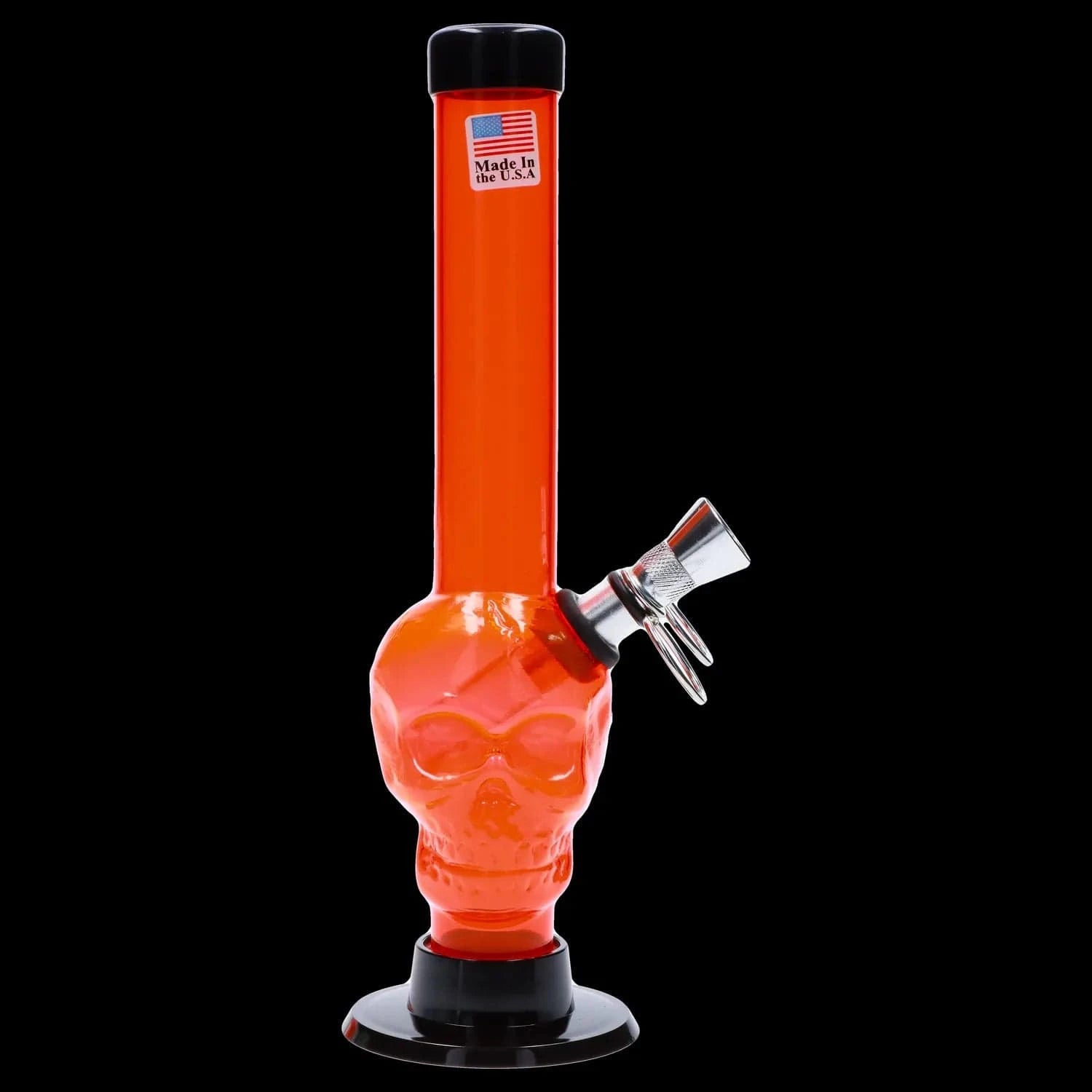 Vertical front view of the JM Plastics Skull Base with Pull Slide Acrylic Bong - 8 in. showing an orange skull-shaped body, chrome pull-slide bowl, and black base against a black background