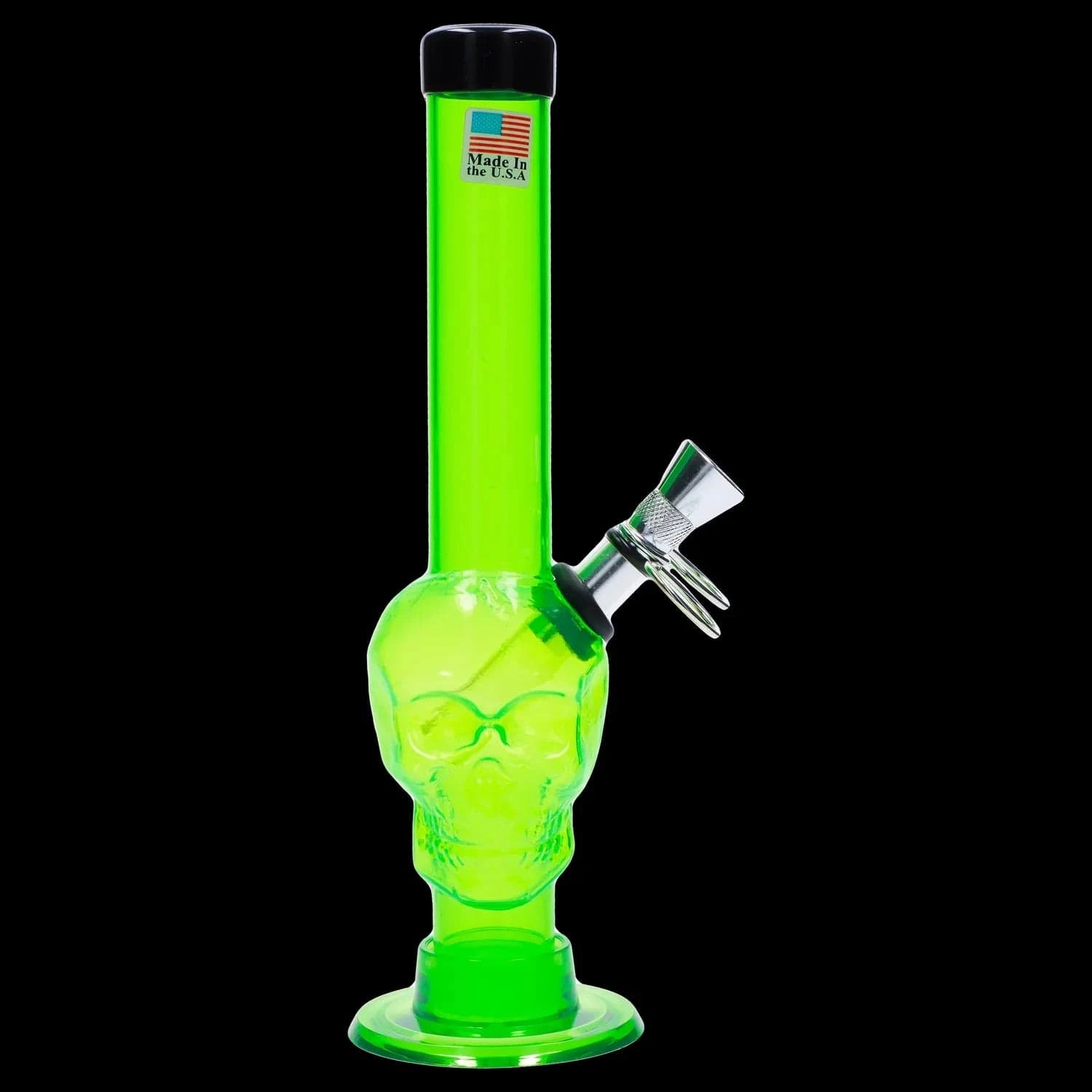Front view of the JM Plastics Skull Base with Pull Slide Acrylic Bong - 8 in., neon green skull neck and clear metal pull-slide bowl against a black background