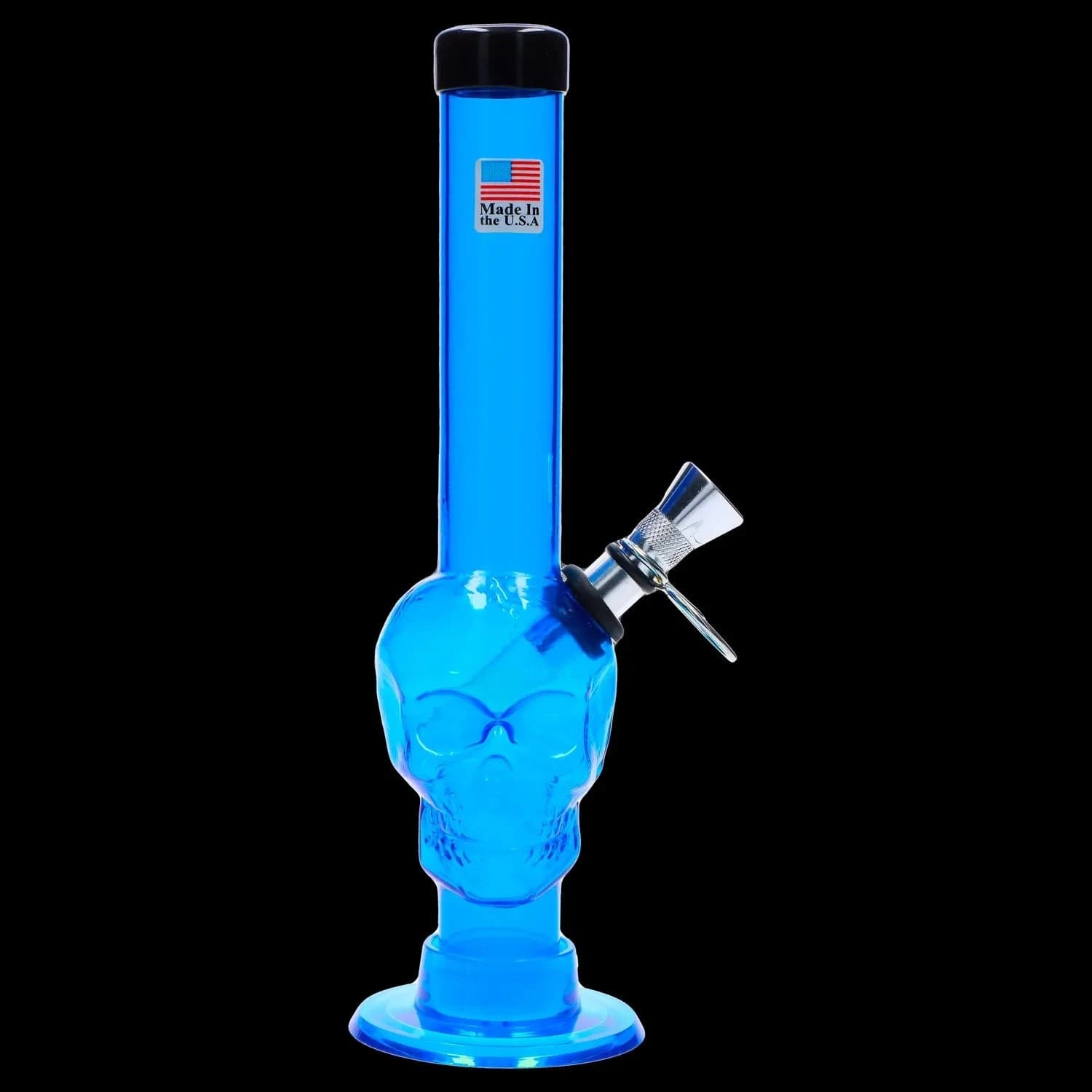 Front view of the blue JM Plastics Skull Base with Pull Slide Acrylic Bong - 8 in., centered on a black background showing a skull-shaped midsection and angled metal pull-slide bowl.