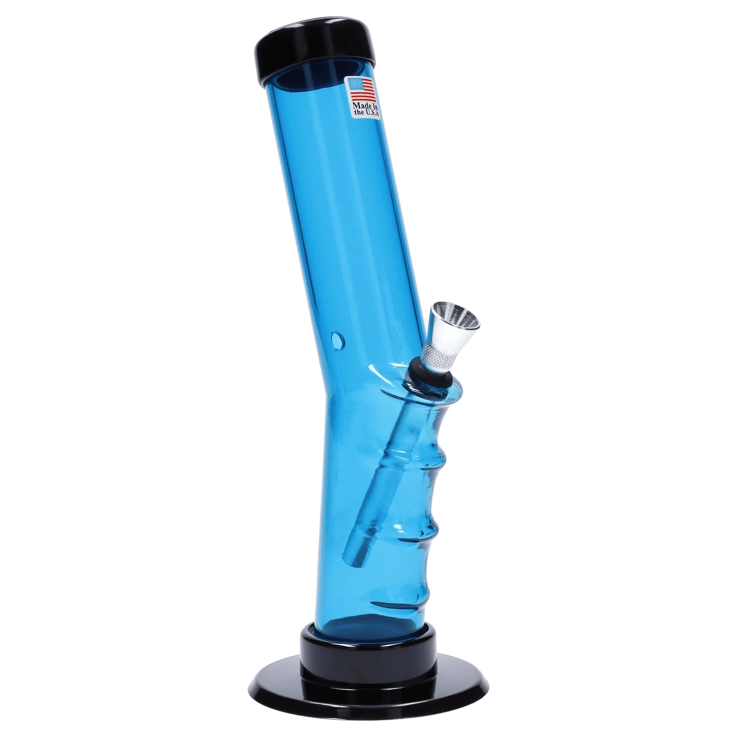 Angled close-up of the light blue JM Plastics Bent Neck Straight Tube with Grip Acrylic Bong showing its bent neck, metal bowl, and black base.