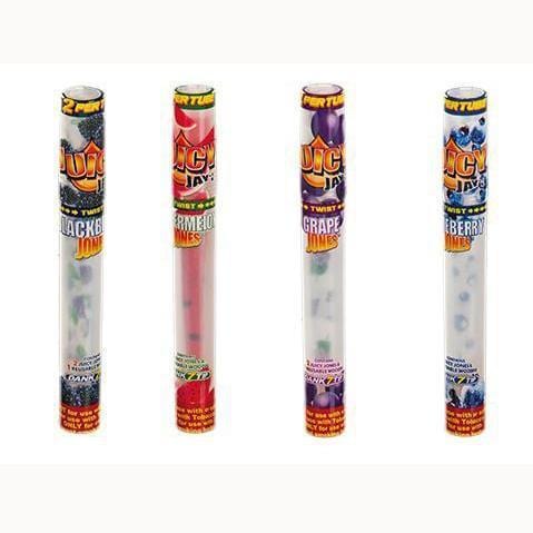 Front view of the Juicy Jay Jones 2 Cone Pack, showcasing two colorful cones in a clear plastic wrapper.