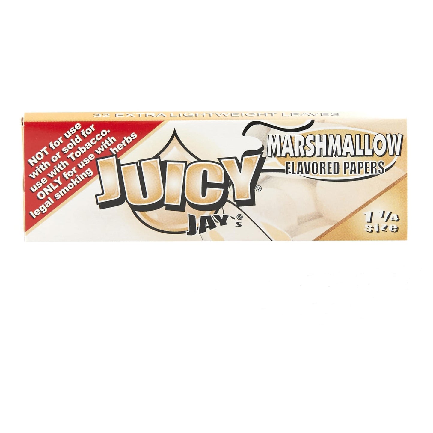 A close-up of a pack of Juicy Jay Rolling 1 1/4 Rolling Papers, displaying colorful branding and a stack of papers.