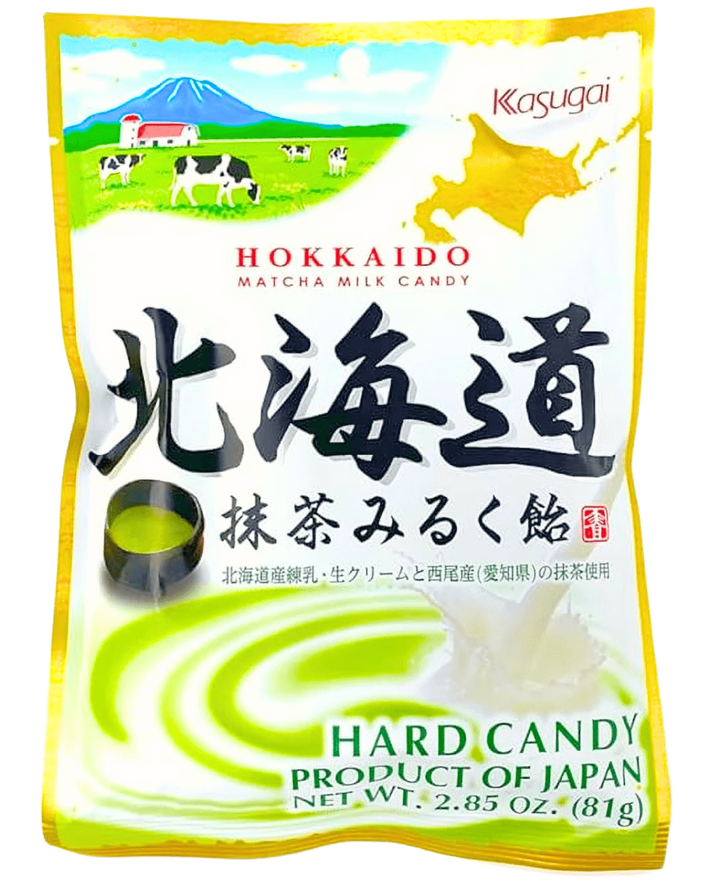 Front view of the Hokkaido Japanese Matcha Milk Candy wrapper, featuring Japanese text and a rural landscape illustration.