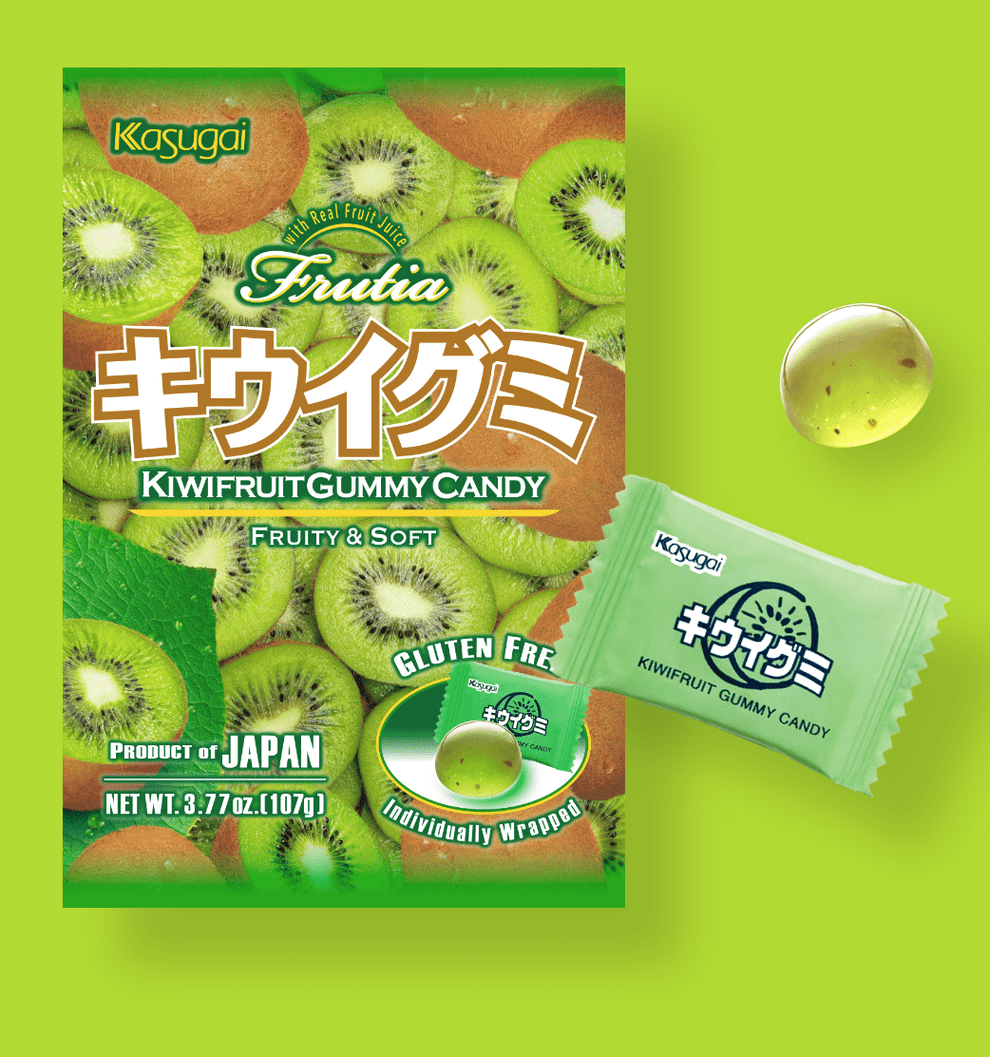 Close-up of the Japanese Kiwi Gummy candy wrapper, featuring bold Japanese text and a translucent green color.