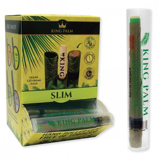 A close-up, angled view of the King Palms Pre-Roll Slim packaging, displaying branding and text details on a white background.
