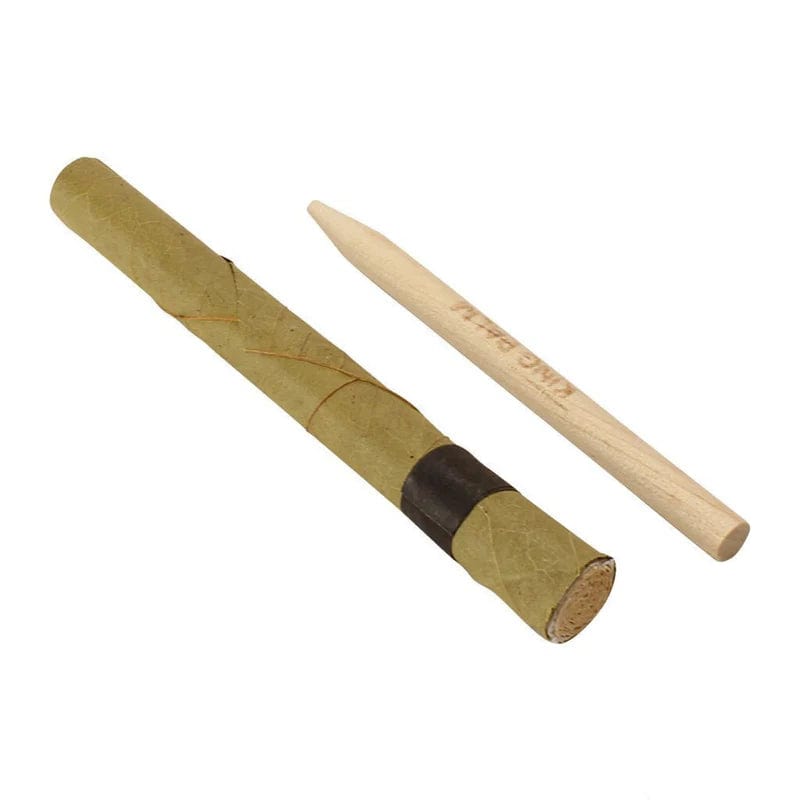 A slightly angled view of the King Palms Pre-Roll King Size Single, showcasing the unlit, paper-wrapped roll against a plain white backdrop.