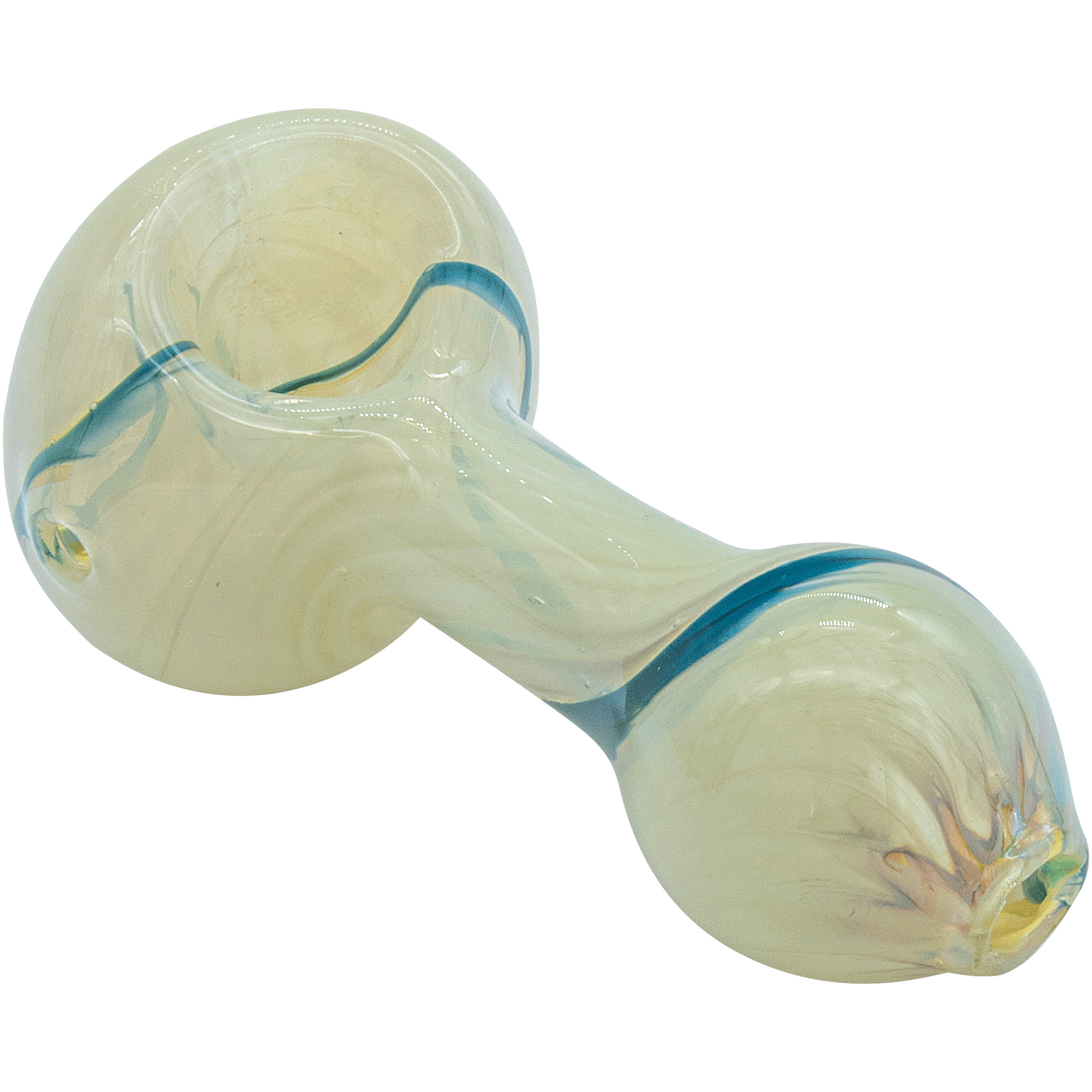 Angled close-up of the "Bones" White Color Spoon Pipe (Copy) showing its pale glass curves with teal swirl accents.