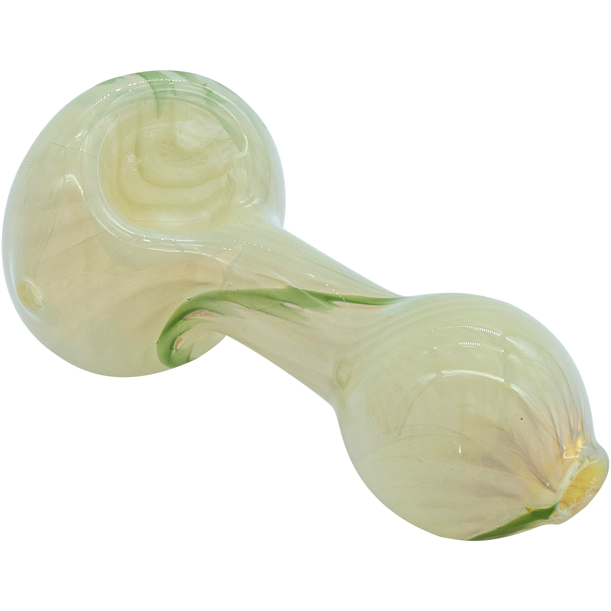 Top-down close-up of the "Bones" White Color Spoon Pipe showing glossy cream glass with subtle green swirls and reflections.