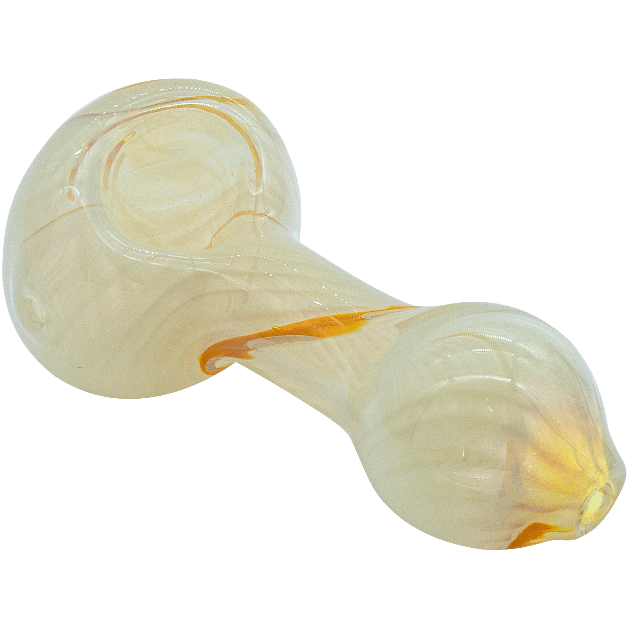 Close-up angled view of the "Bones" White Color Spoon Pipe (Copy) showing glossy ivory swirls and amber streaks on a curved glass surface