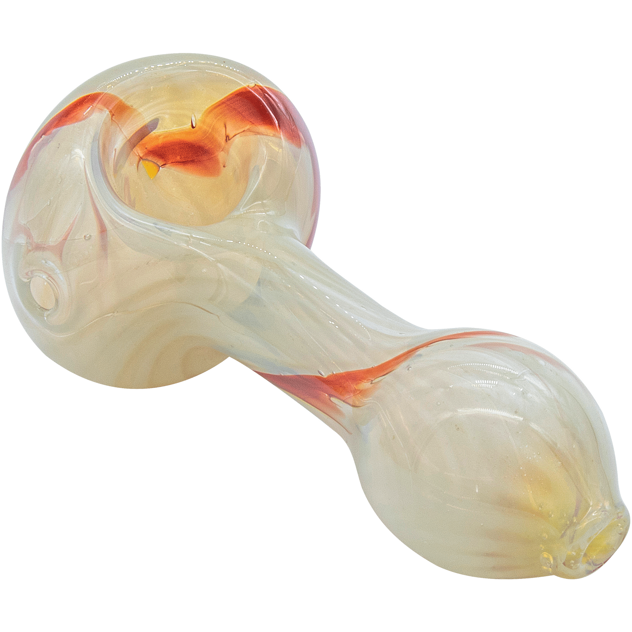 Close-up angled view of the "Bones" White Color Spoon Pipe (Copy) showing swirled translucent glass with orange-red streaks and glossy highlights