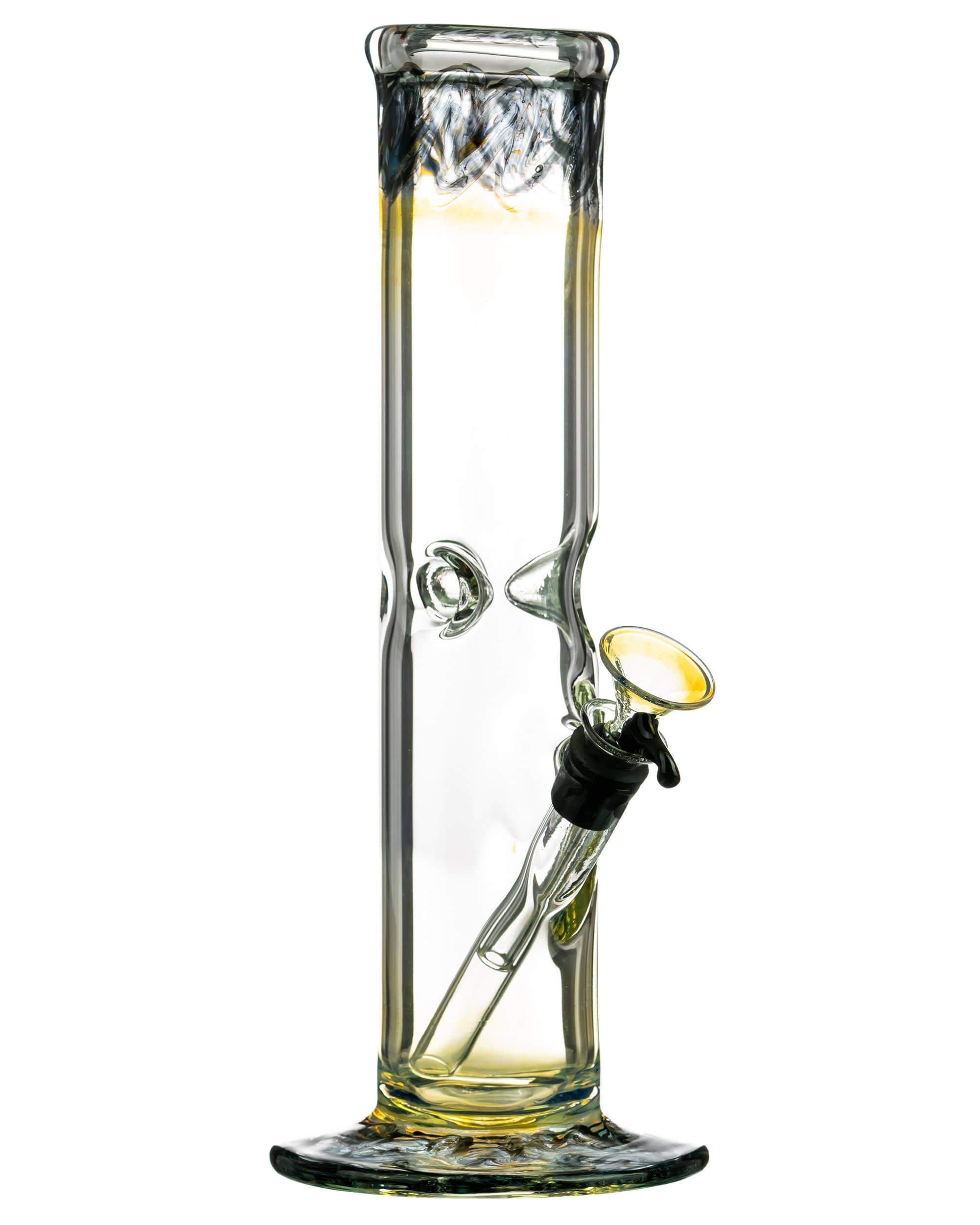 Straight-on view of the clear glass "The Chong-Bong" Classic Straight showing its tall cylindrical neck, angled downstem and yellow-tinted bowl.