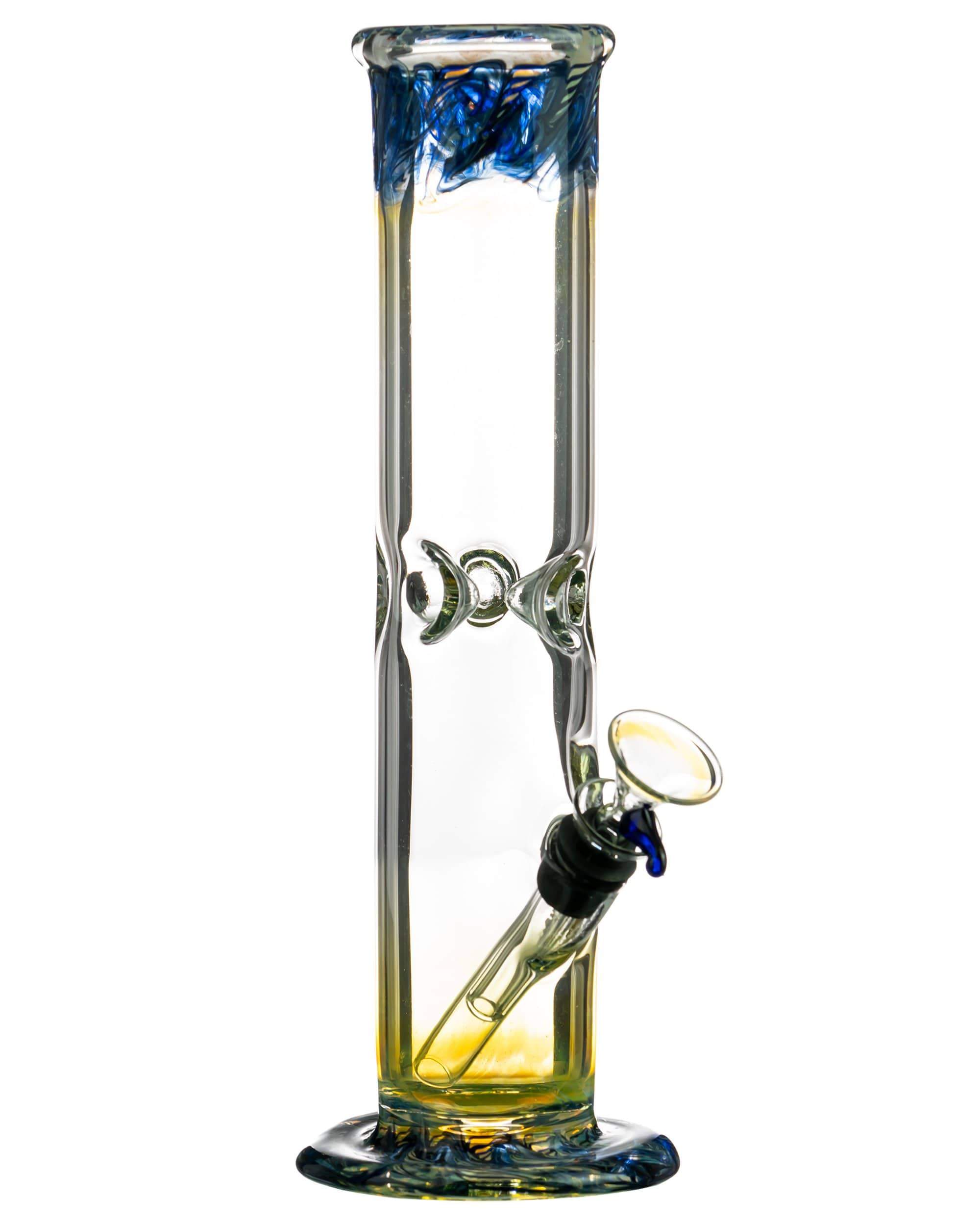 Tall vertical studio shot of "The Chong-Bong" Classic Straight showing clear glass with blue accents at the mouth and a yellow-tinted base.