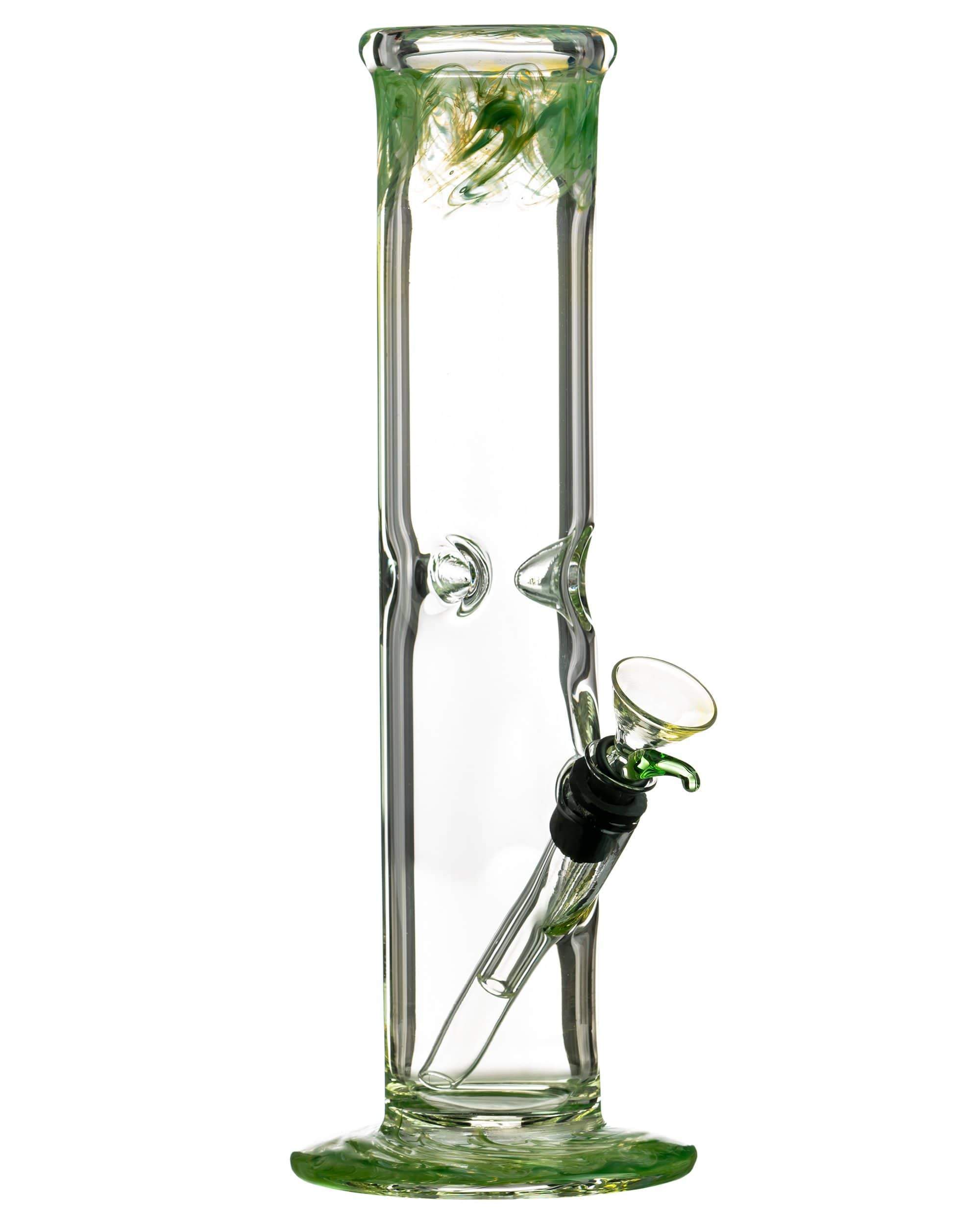 Tall, straight-on view of "The Chong-Bong" Classic Straight showing clear glass with green swirls at the mouthpiece and base and the angled downstem and bowl.