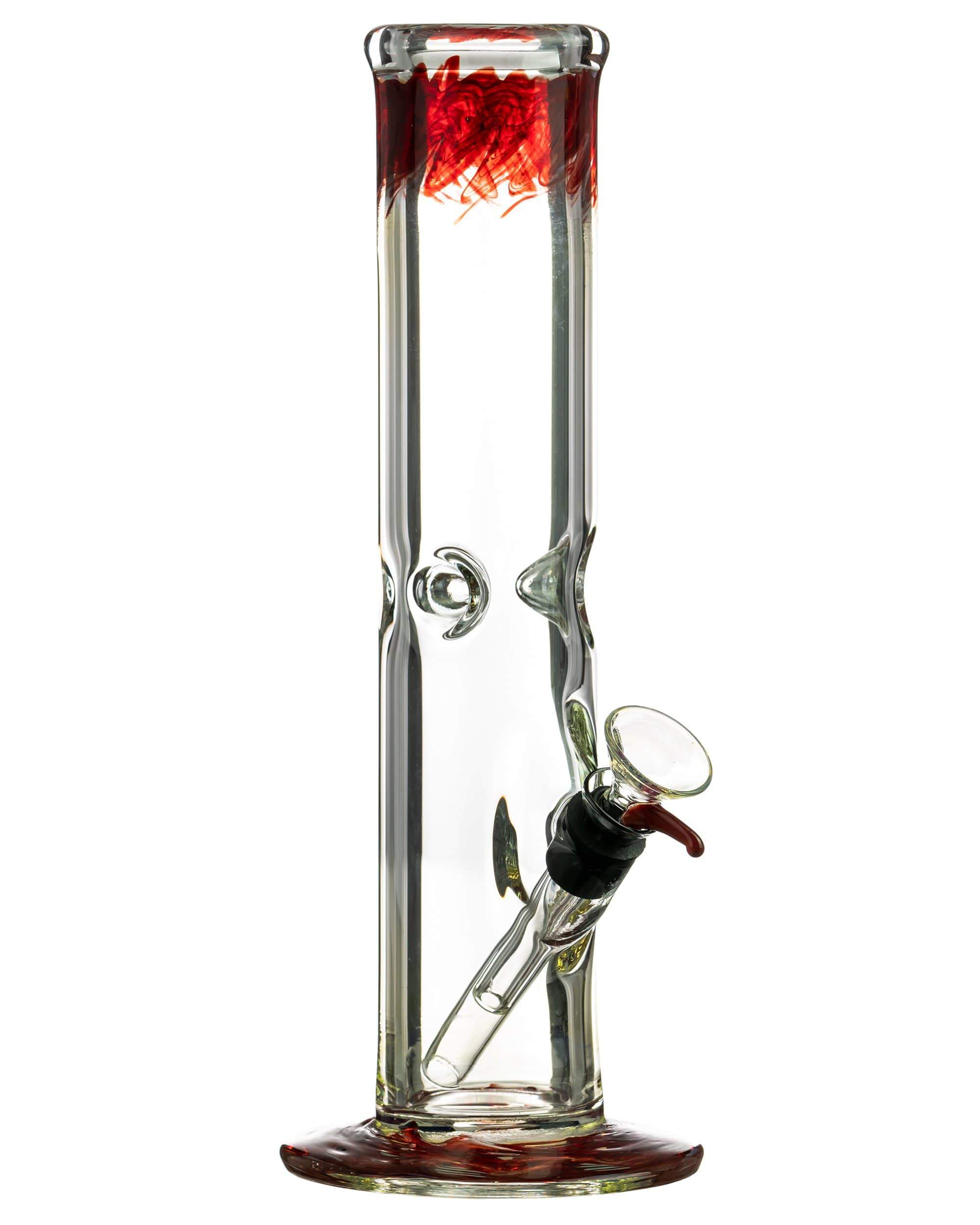 Straight-on view of "The Chong-Bong" Classic Straight showing its clear glass tube with red accents at the mouth and base and angled downstem.
