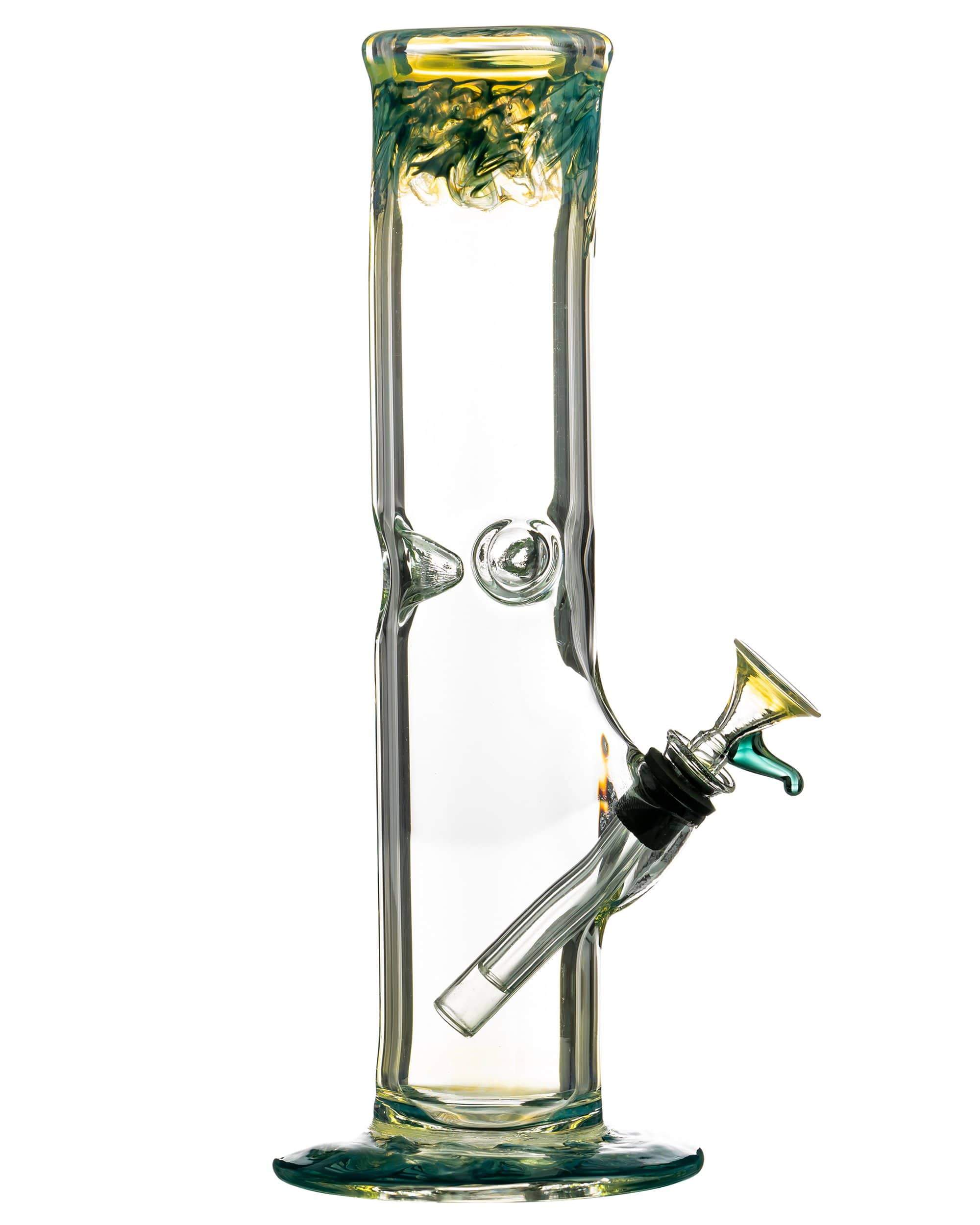 Side view of "The Chong-Bong" Classic Straight showing its clear straight chamber, angled downstem and green-yellow accents.