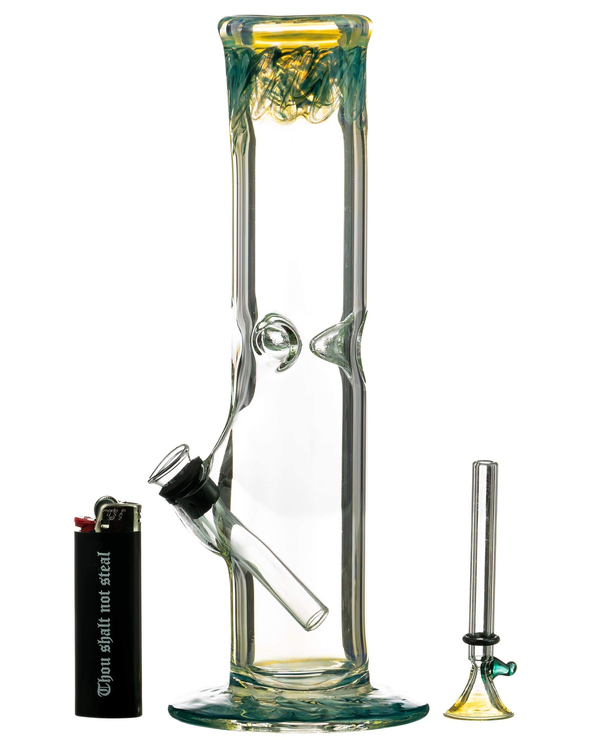 Close-up front view of the red "The Chong-Bong" Classic Straight showing the straight clear glass tube with green-yellow swirls at the mouthpiece and base.