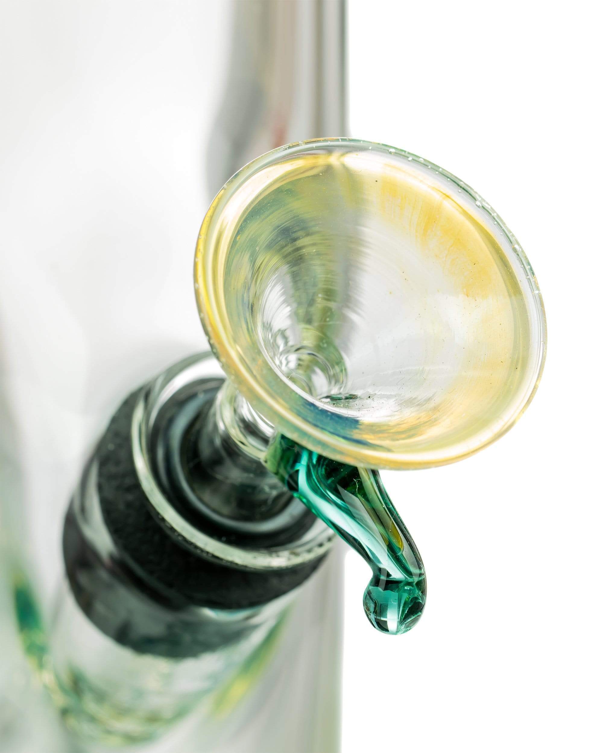 Close-up angled view of the caramel-colored "The Chong-Bong" Classic Straight showing the mouthpiece rim and a green glass drip detail.