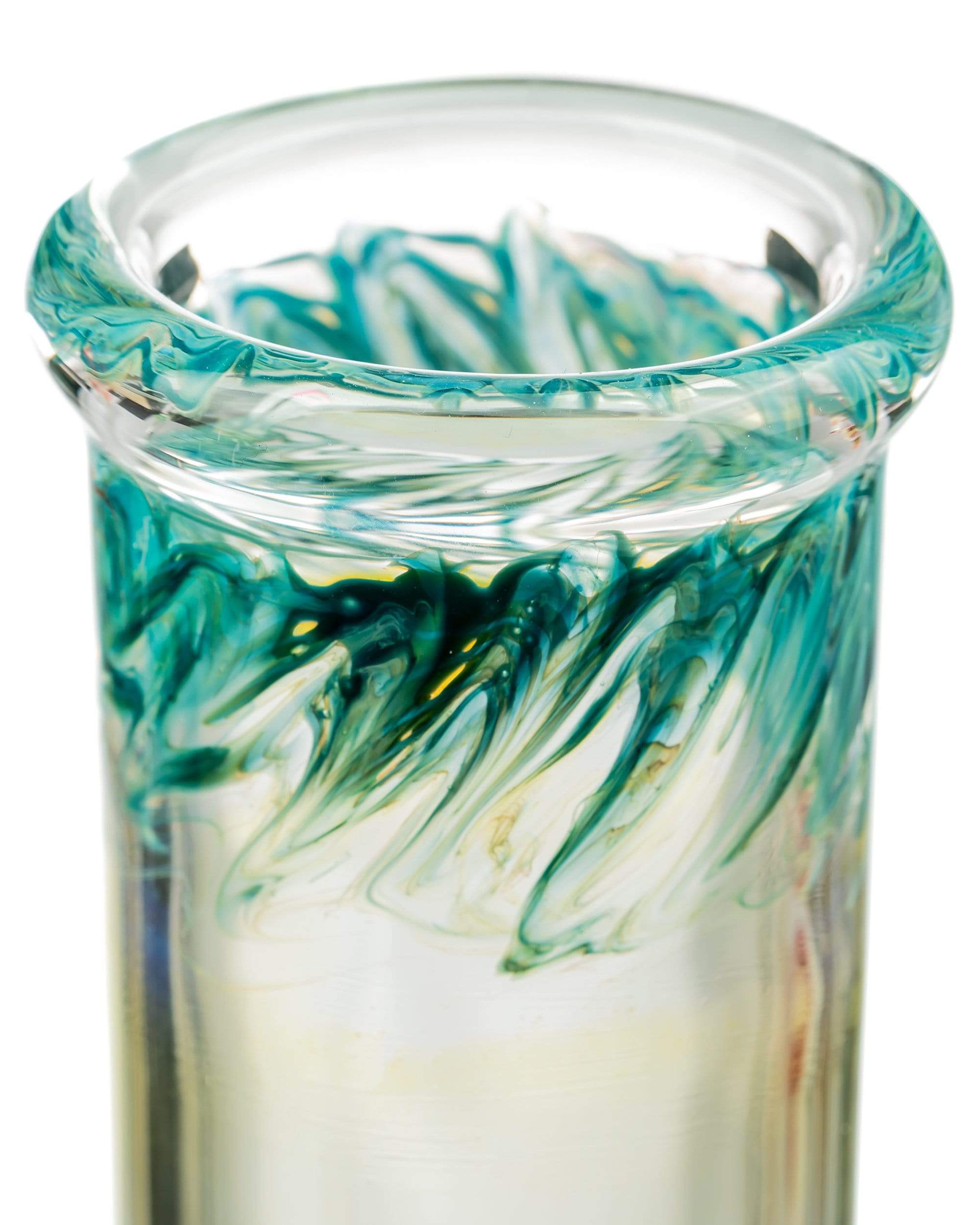 Close-up of the rim and swirling teal patterns on The Chong-Bong Classic Straight glass.