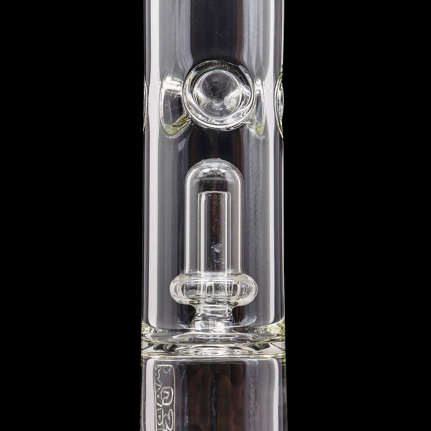 Close-up vertical view of the clear "Magnum Flow" Thick Glass Beaker Showerhead Perc Bong showing the showerhead percolator and rounded joints against a black background.