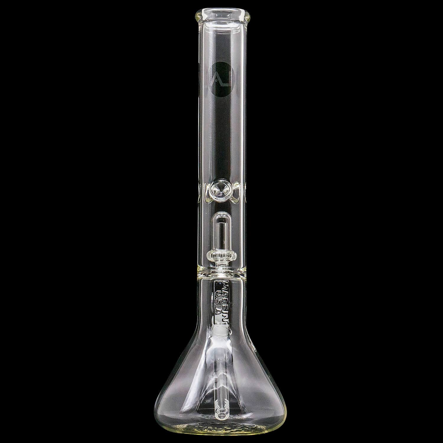 Centered front view of the clear "Magnum Flow" Thick Glass Beaker Showerhead Perc Bong against a black background.